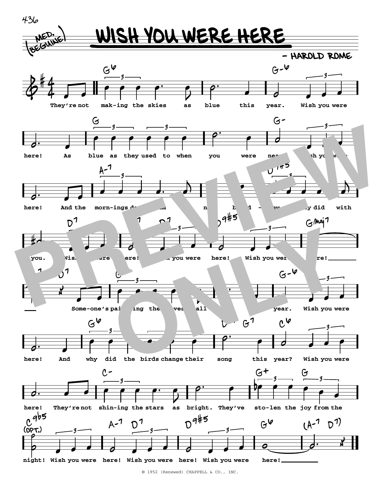 Harold Rome Wish You Were Here (High Voice) sheet music notes and chords arranged for Real Book – Melody, Lyrics & Chords
