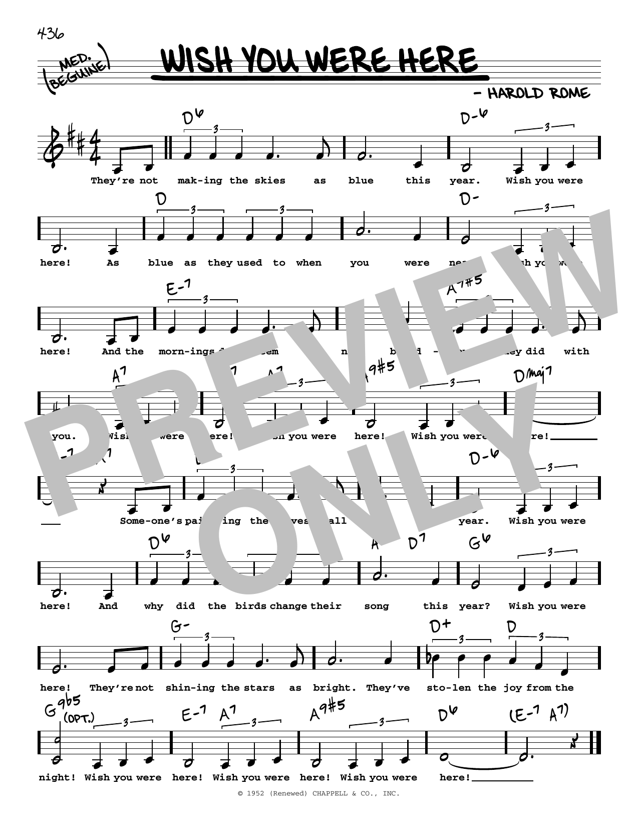 Harold Rome Wish You Were Here (Low Voice) sheet music notes and chords arranged for Real Book – Melody, Lyrics & Chords
