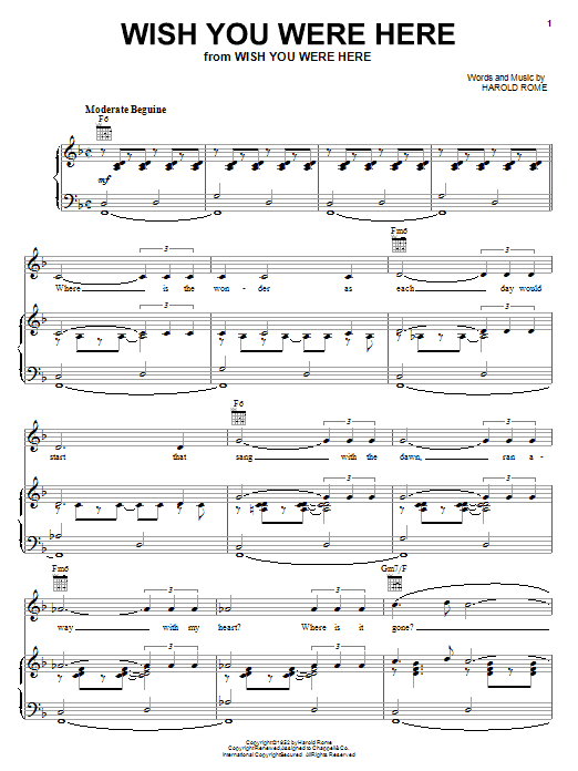 Harold Rome Wish You Were Here sheet music notes and chords arranged for Lead Sheet / Fake Book