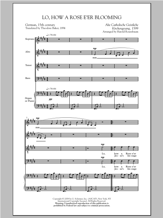 Harold Rosenbaum Lo, How A Rose E'er Blooming sheet music notes and chords arranged for SATB Choir