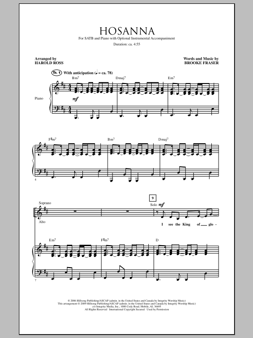 Harold Ross Hosanna sheet music notes and chords arranged for SATB Choir