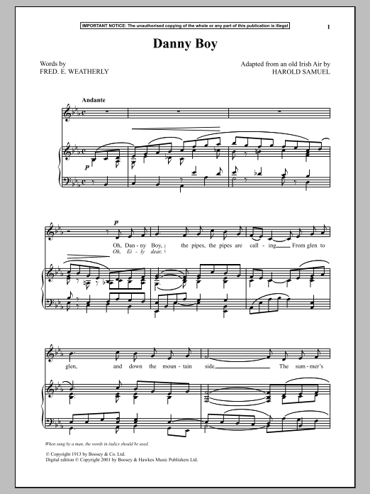 Harold Samuel Danny Boy sheet music notes and chords arranged for Piano & Vocal