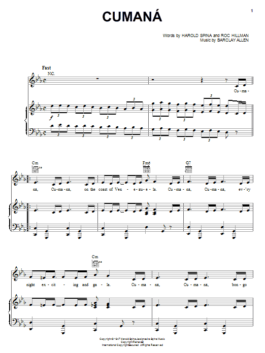 Harold Spina Cumana sheet music notes and chords arranged for Piano, Vocal & Guitar Chords (Right-Hand Melody)