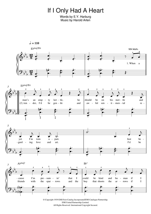 Harold Arlen If I Only Had A Heart sheet music notes and chords arranged for Easy Piano