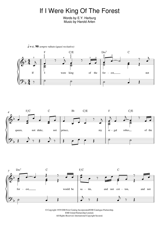 Harold Arlen If I Were The King Of The Forest sheet music notes and chords arranged for Easy Piano