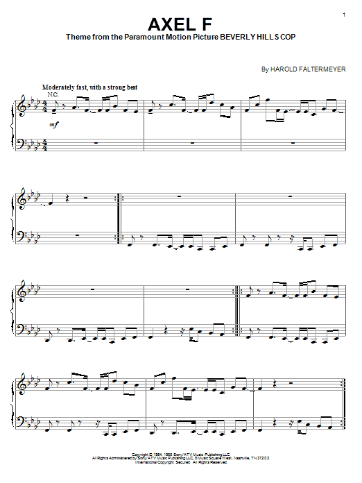 Harold Faltermeyer Axel F sheet music notes and chords. Download Printable PDF.