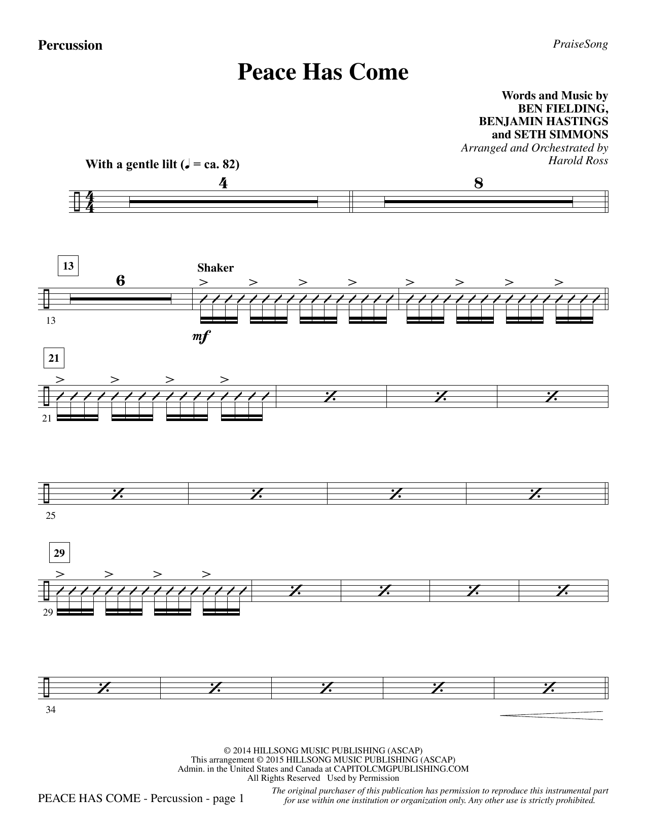 Harold Ross Peace Has Come - Percussion sheet music notes and chords. Download Printable PDF.