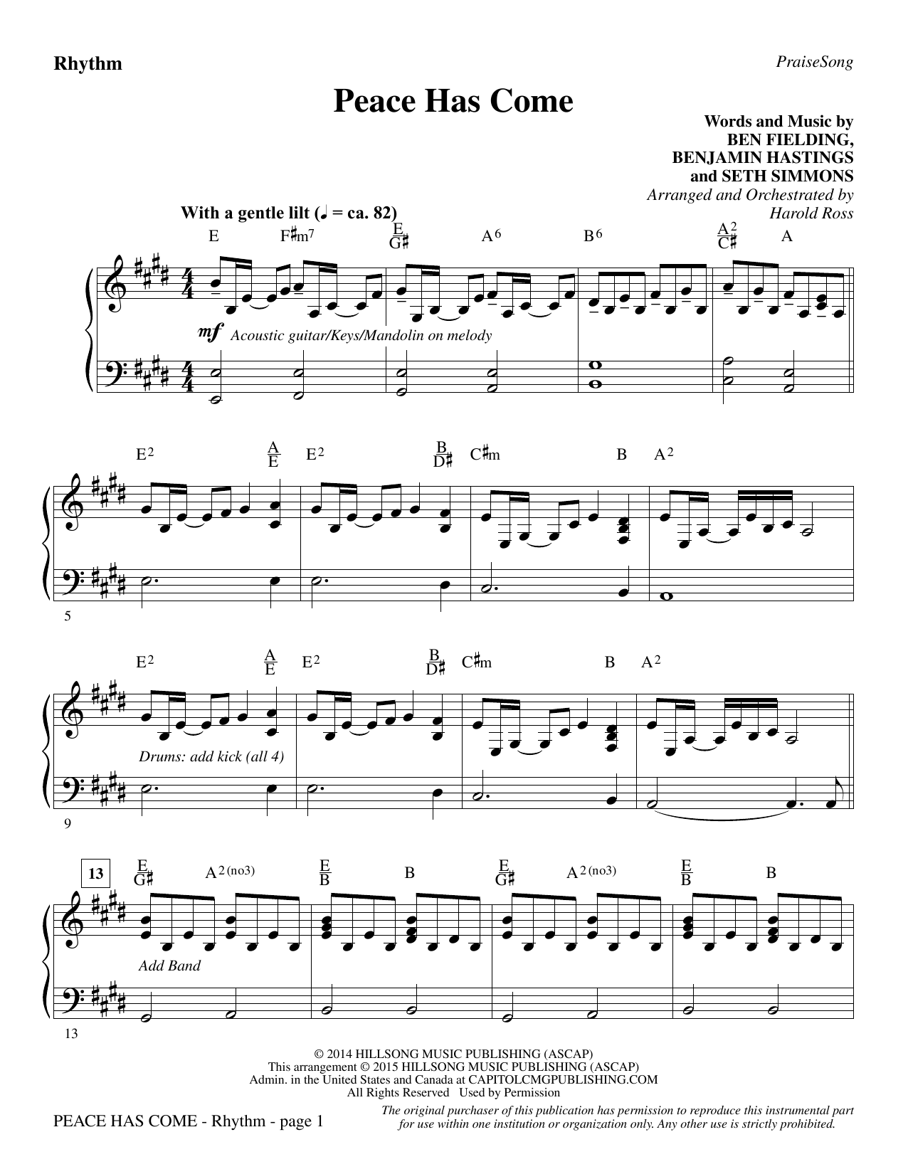 Harold Ross Peace Has Come - Rhythm sheet music notes and chords. Download Printable PDF.