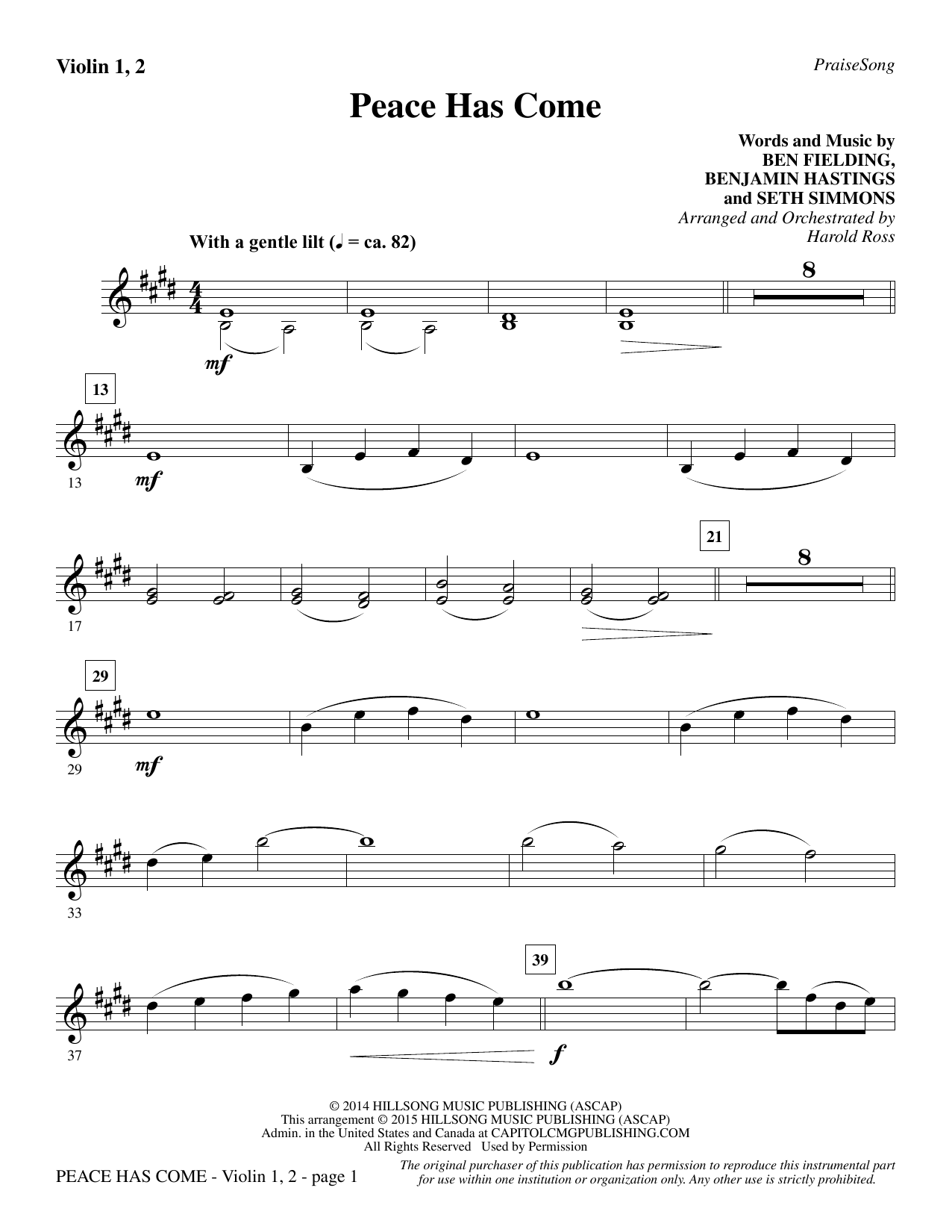 Harold Ross Peace Has Come - Violin 1, 2 sheet music notes and chords. Download Printable PDF.