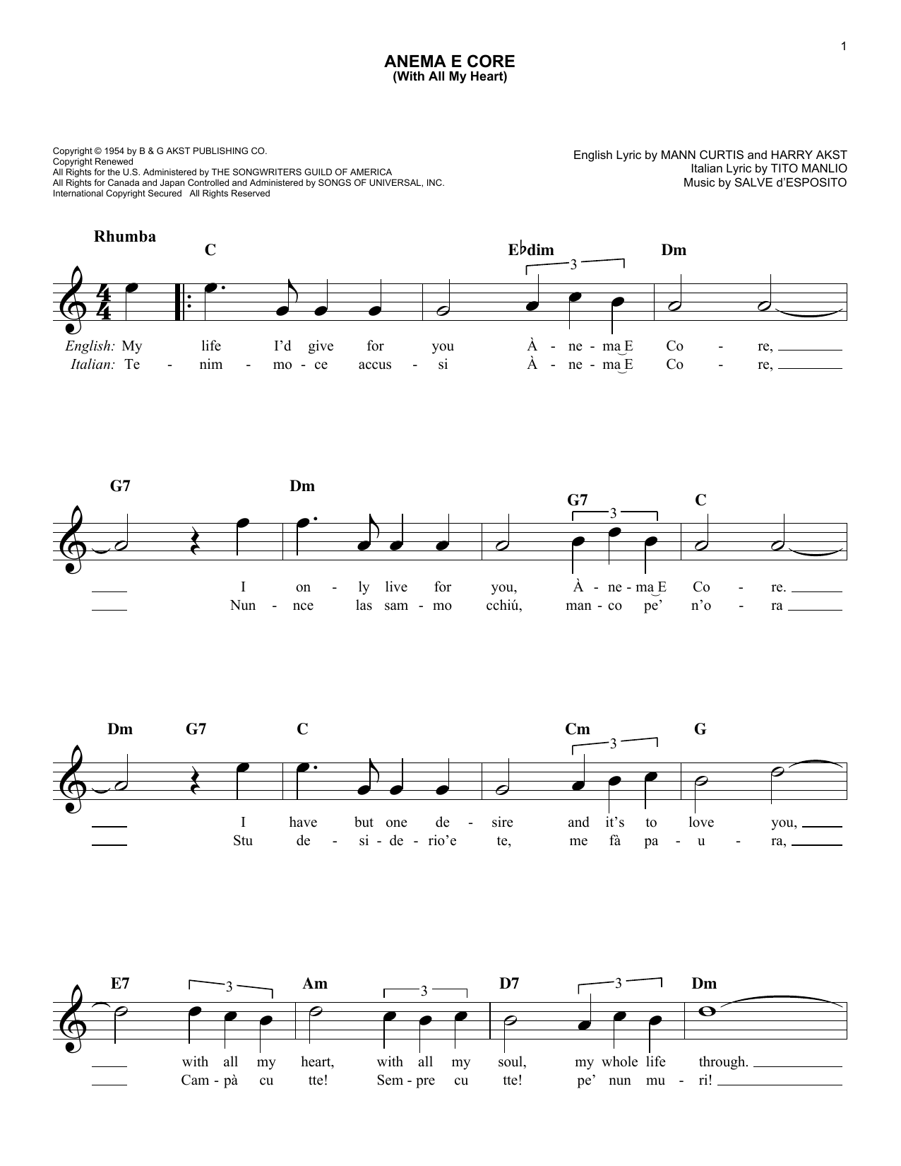 Harry Akst Anema E Core (With All My Heart) sheet music notes and chords arranged for Easy Lead Sheet / Fake Book