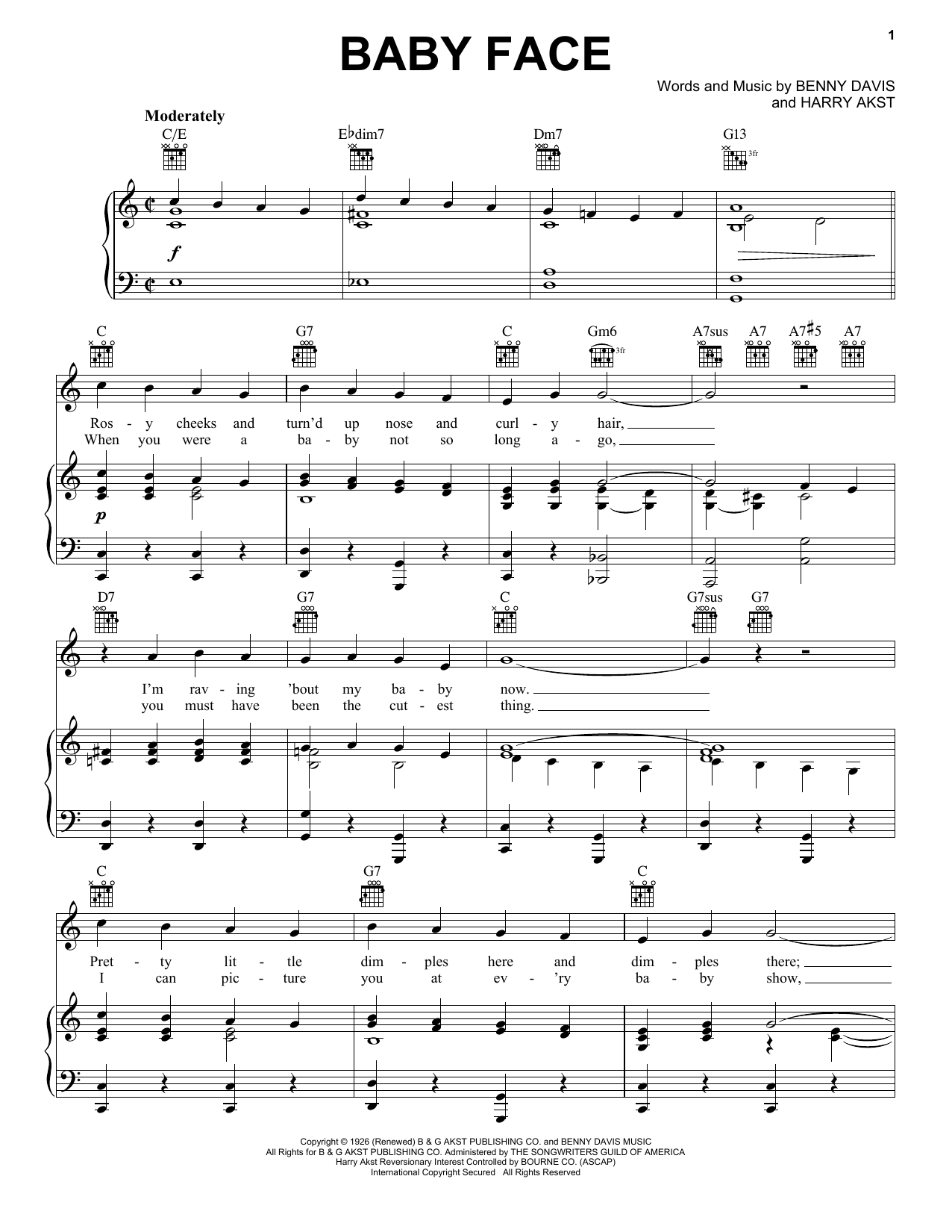Harry Akst Baby Face sheet music notes and chords arranged for Piano, Vocal & Guitar Chords (Right-Hand Melody)