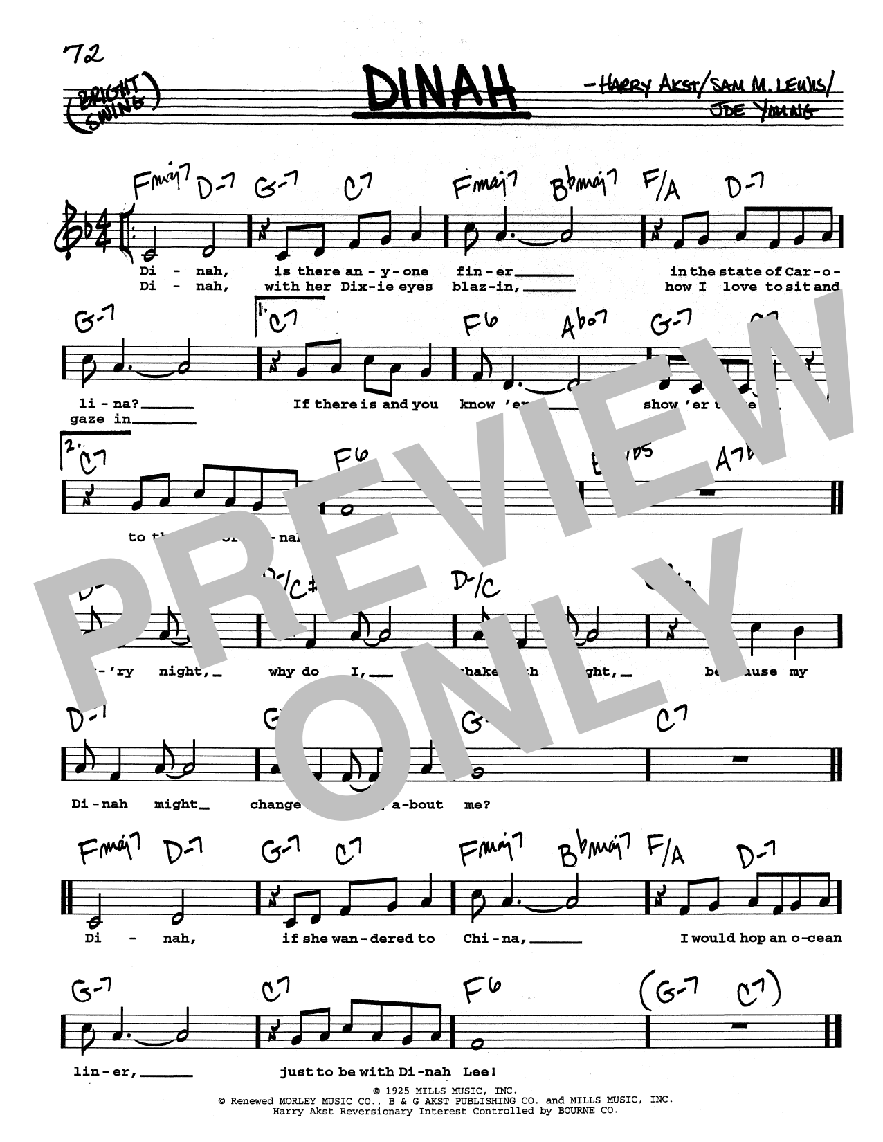 Harry Akst Dinah (Low Voice) sheet music notes and chords arranged for Real Book – Melody, Lyrics & Chords