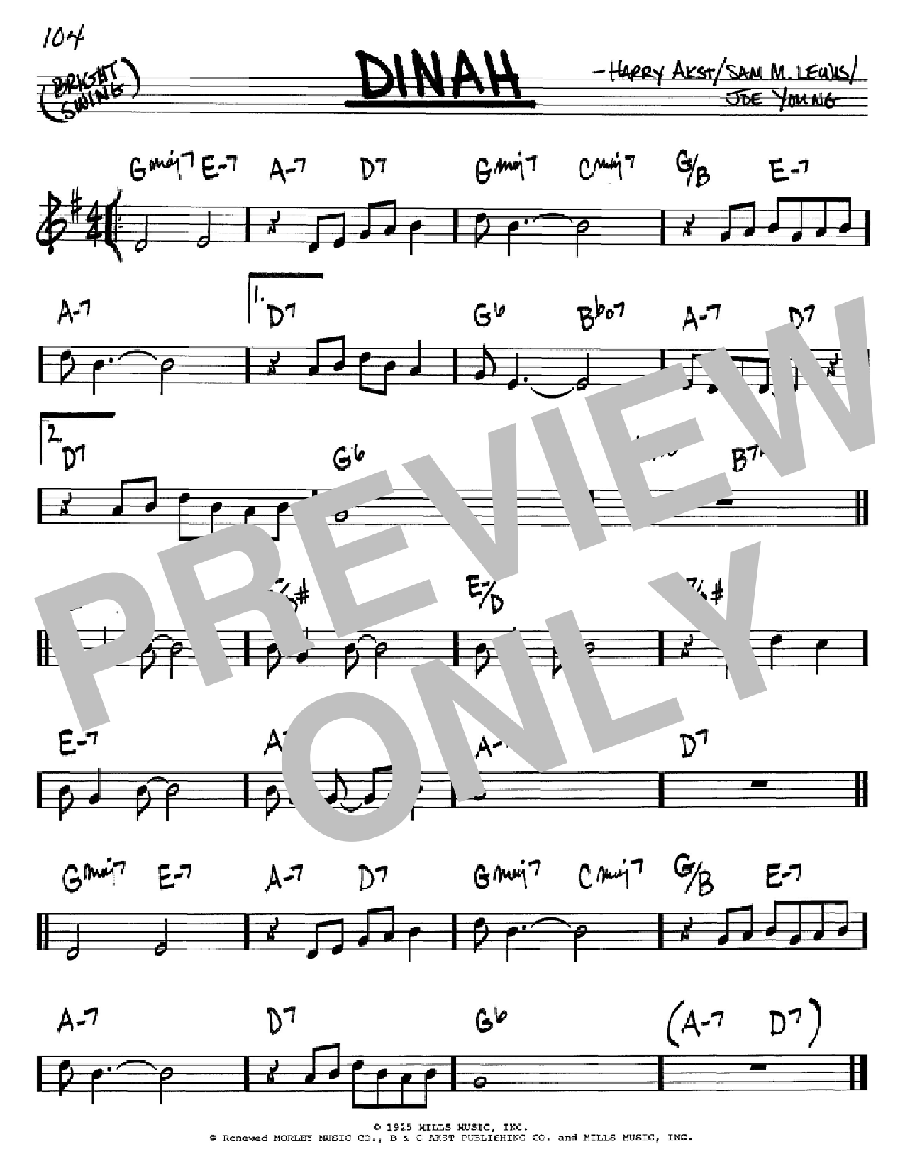 Harry Akst Dinah sheet music notes and chords arranged for Real Book – Melody & Chords – C Instruments