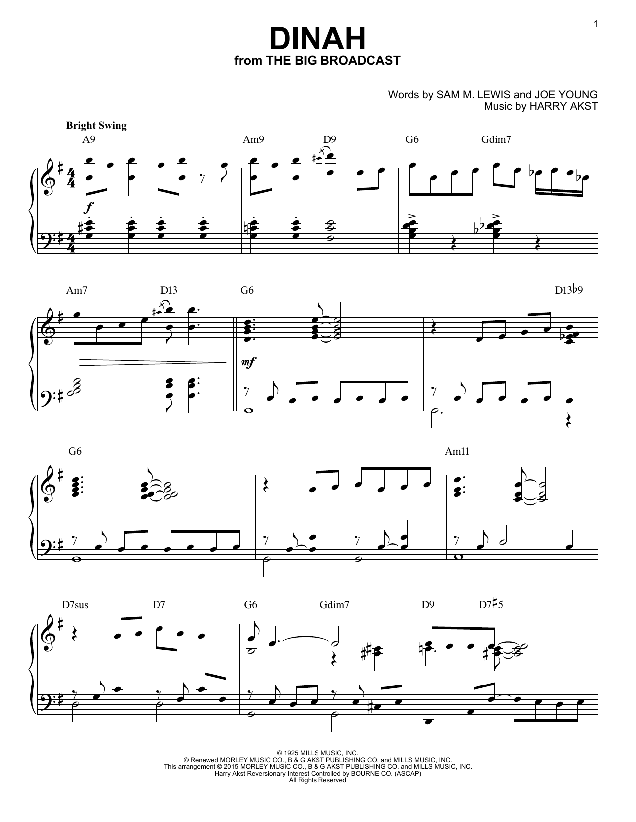 Harry Akst Dinah [Stride version] (arr. Brent Edstrom) sheet music notes and chords arranged for Piano Solo