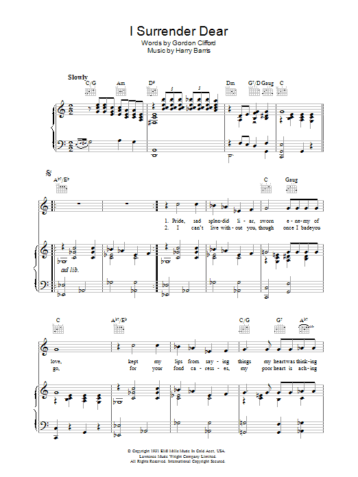 Harry Barris I Surrender, Dear sheet music notes and chords arranged for Piano, Vocal & Guitar Chords