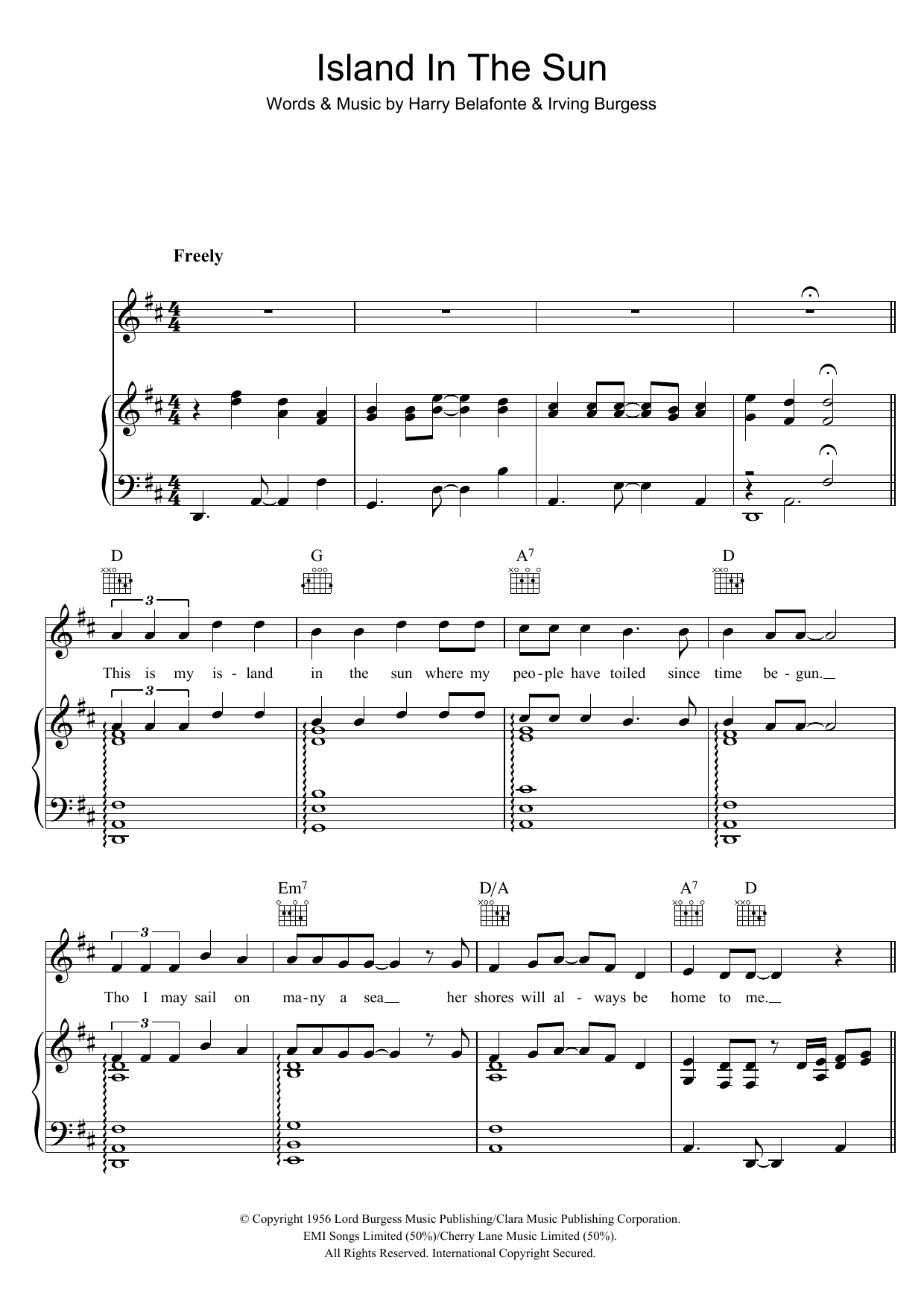 Harry Belafonte Island In The Sun sheet music notes and chords arranged for Piano, Vocal & Guitar Chords