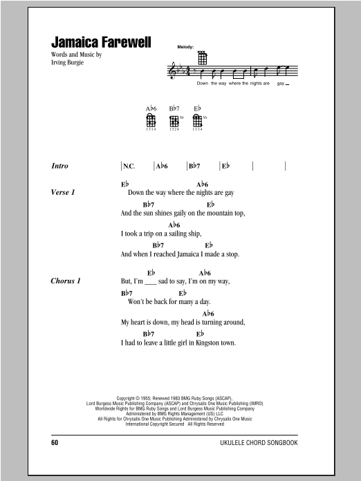 Harry Belafonte Jamaica Farewell sheet music notes and chords arranged for Ukulele Chords/Lyrics