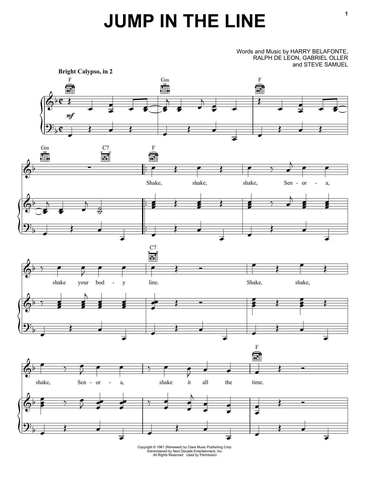 Harry Belafonte Jump In The Line sheet music notes and chords arranged for Piano, Vocal & Guitar Chords (Right-Hand Melody)
