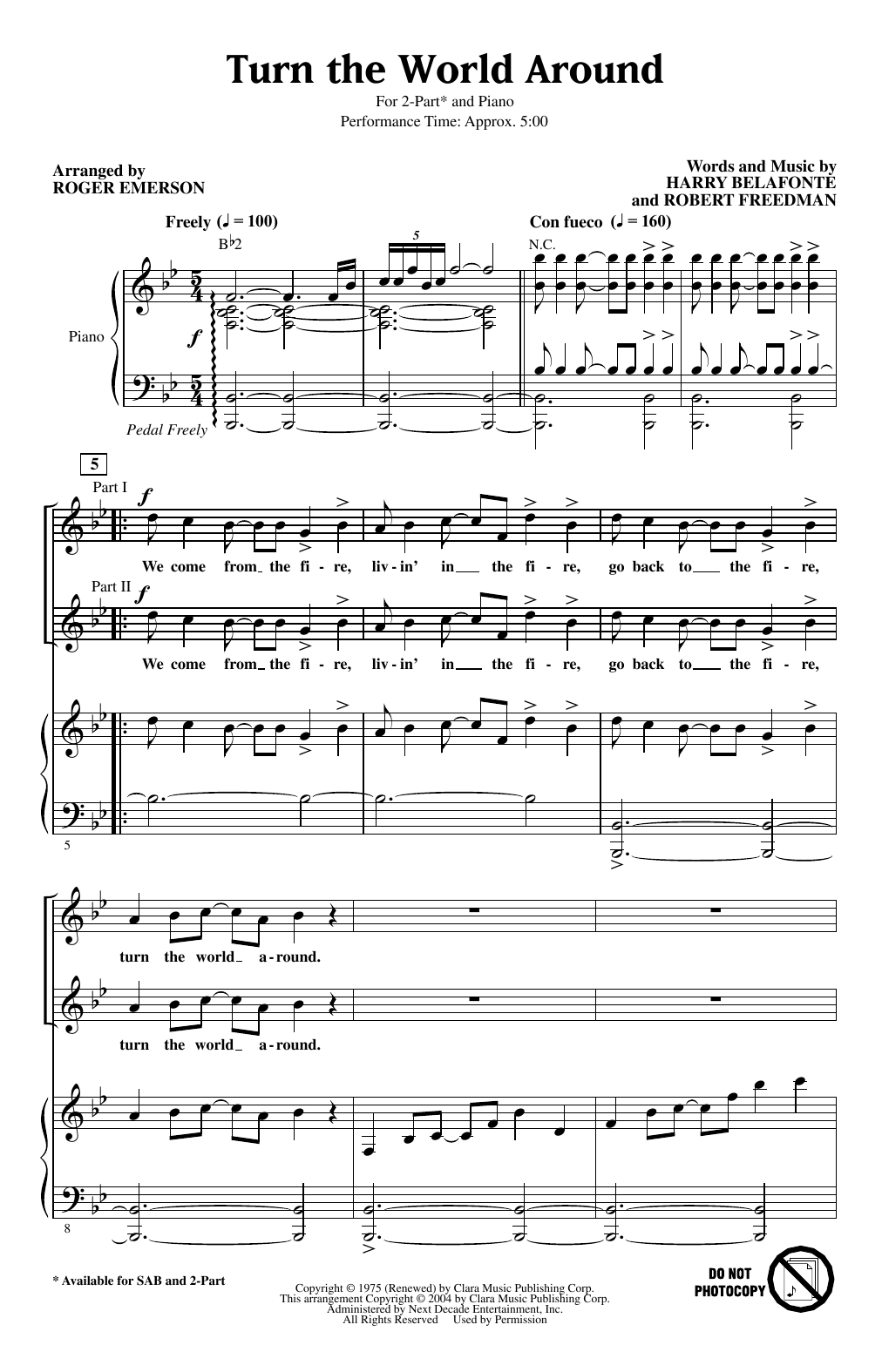 Harry Belafonte Turn The World Around (arr. Roger Emerson) sheet music notes and chords arranged for 2-Part Choir