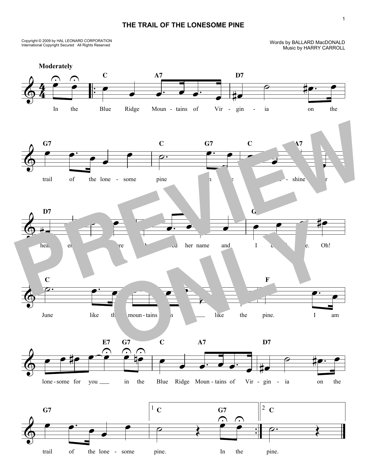 Harry Carroll The Trail Of The Lonesome Pine sheet music notes and chords arranged for Lead Sheet / Fake Book
