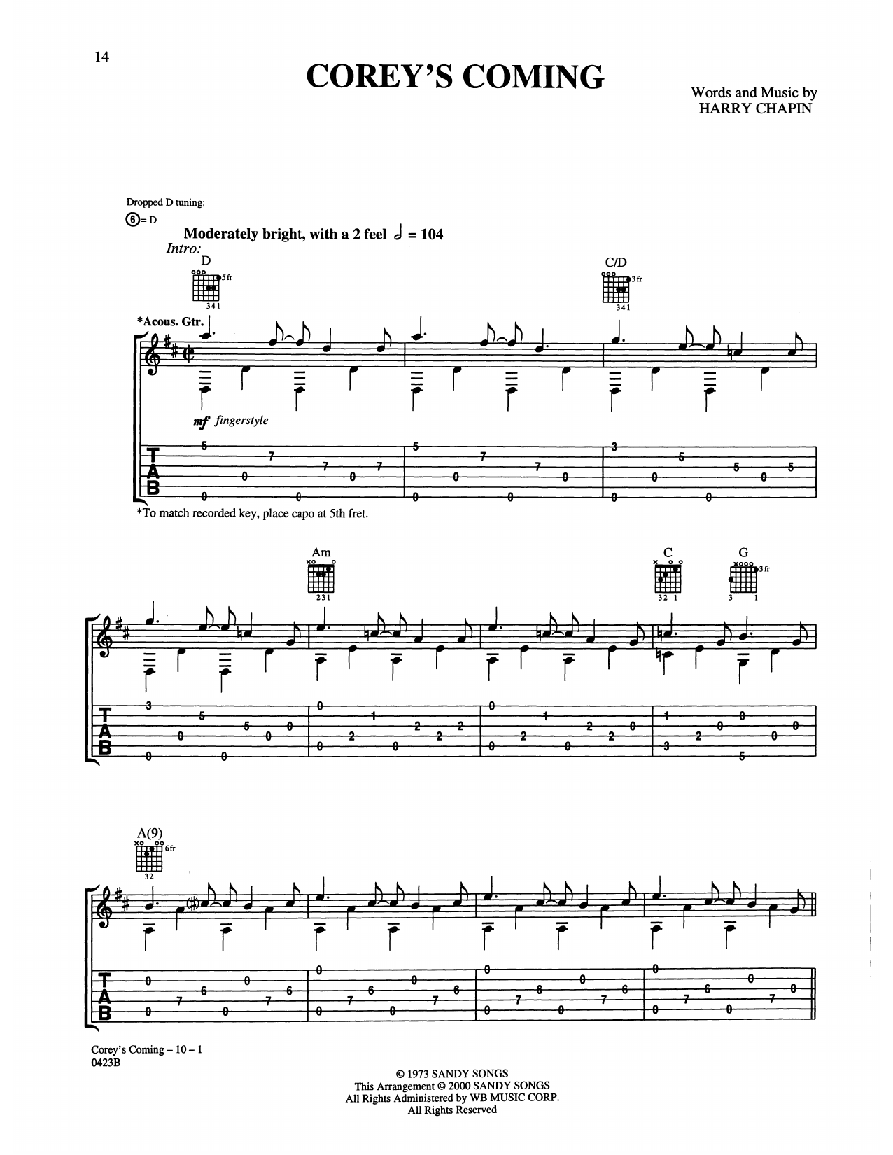 Harry Chapin Corey's Coming sheet music notes and chords arranged for Guitar Tab