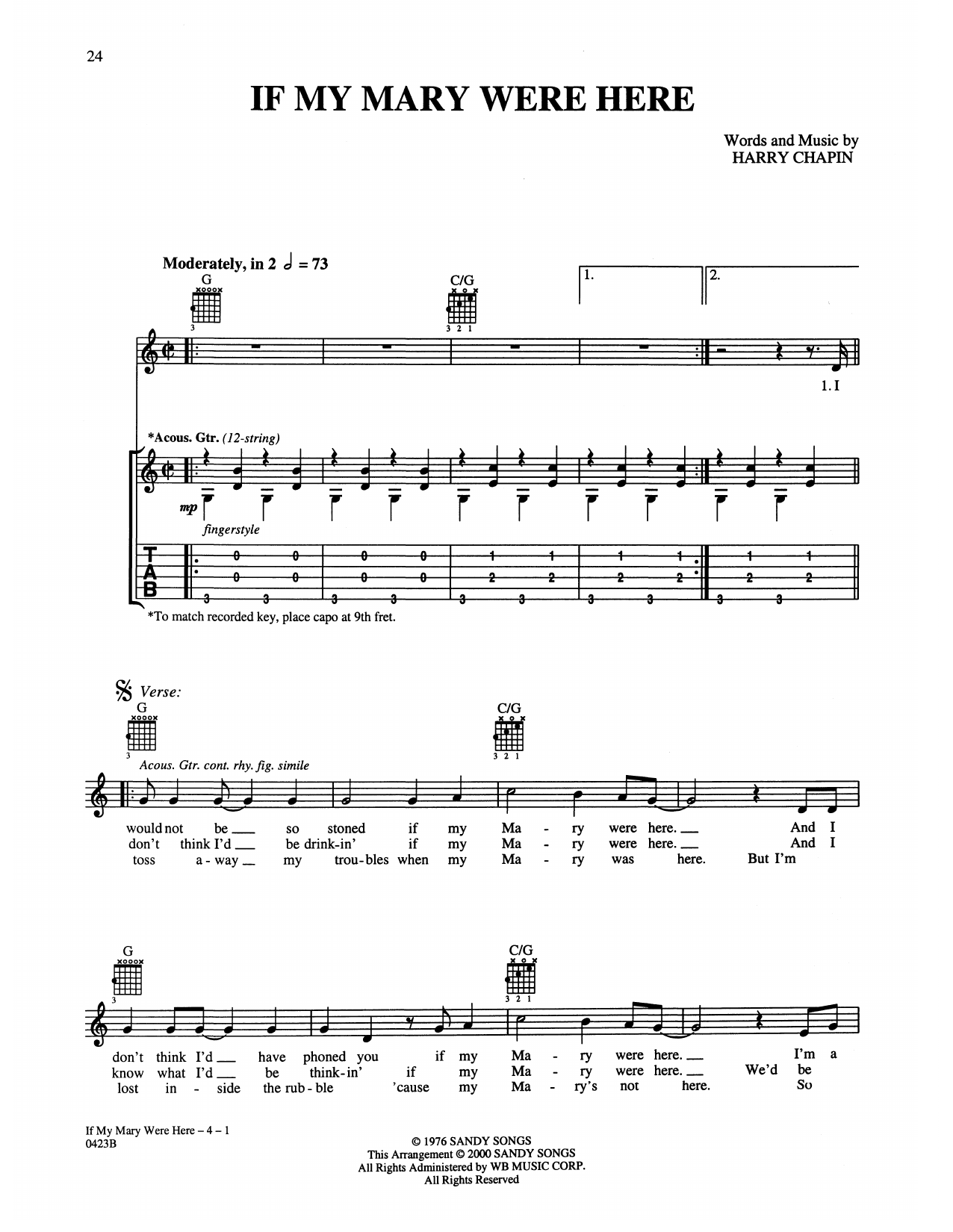 Harry Chapin If My Mary Were Here sheet music notes and chords arranged for Guitar Tab