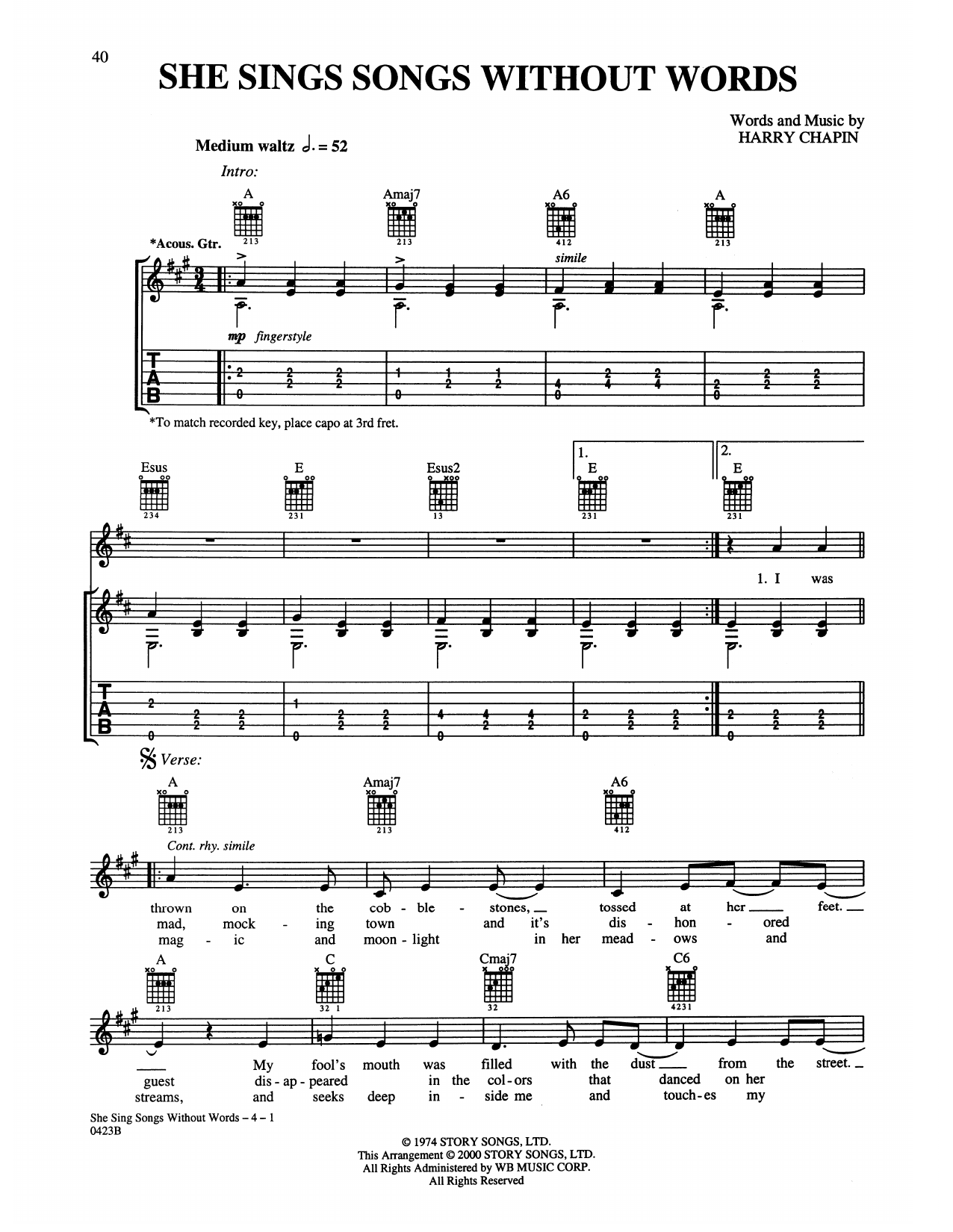 Harry Chapin She Sings Songs Without Words sheet music notes and chords arranged for Guitar Tab