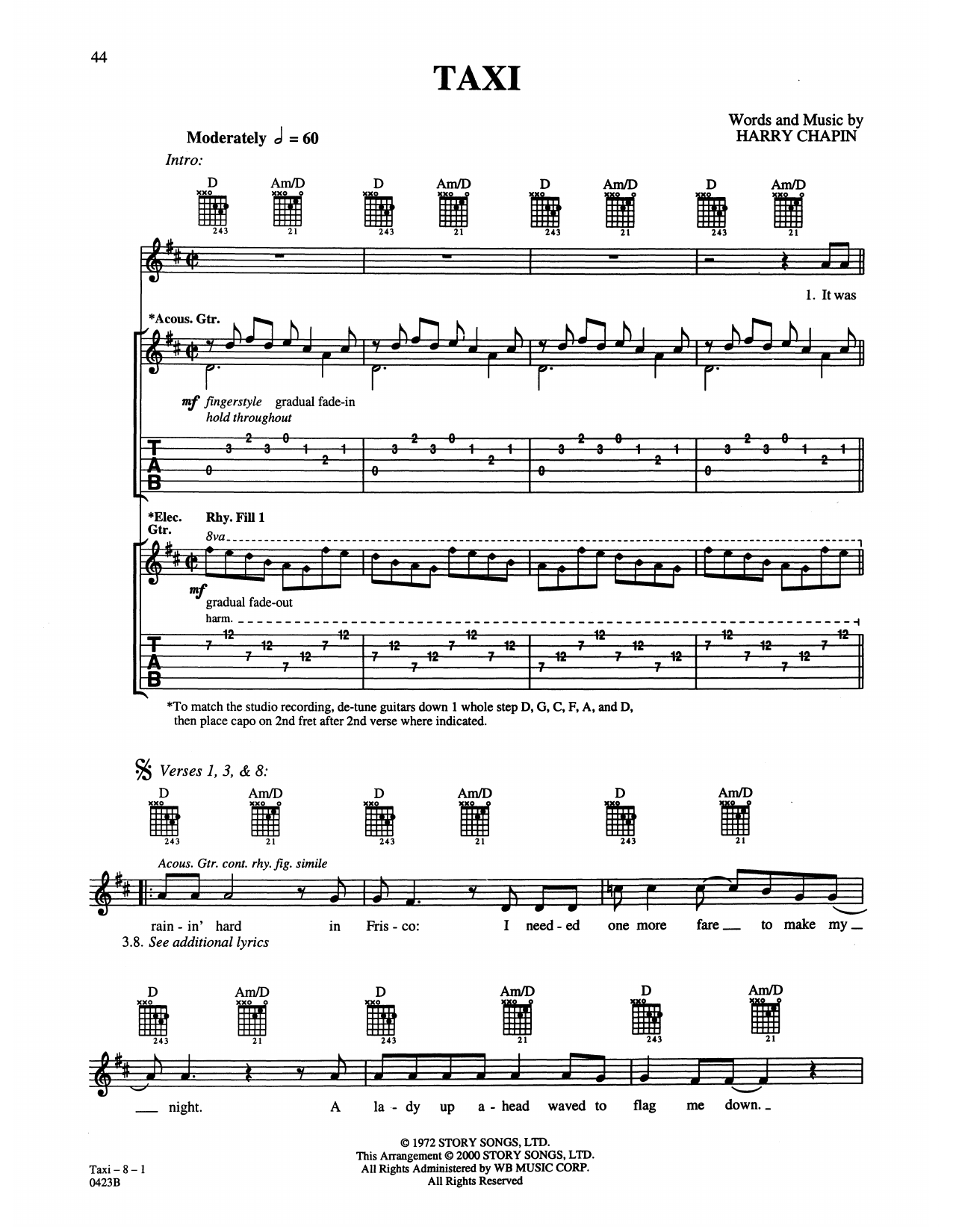 Harry Chapin Taxi sheet music notes and chords arranged for Piano, Vocal & Guitar Chords (Right-Hand Melody)