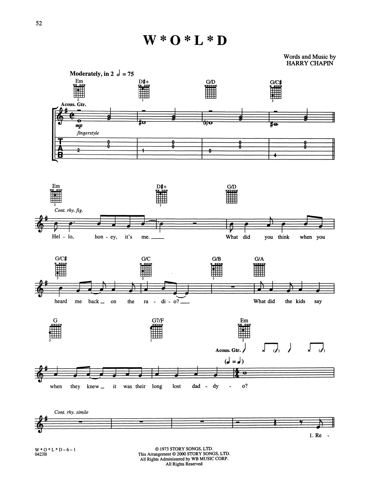 Harry Chapin W*o*l*d sheet music notes and chords arranged for Guitar Tab