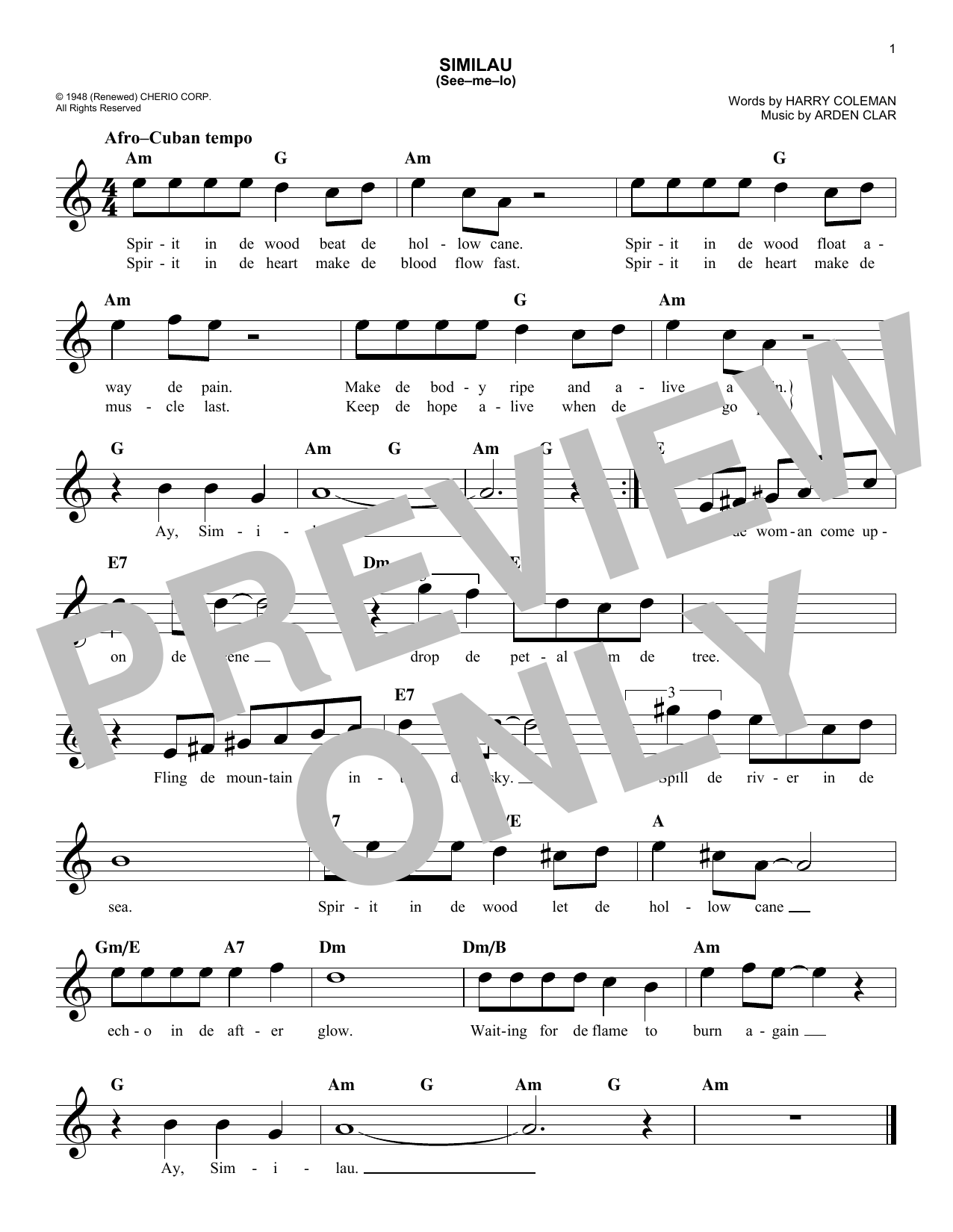 Harry Coleman Similau (See-me-lo) sheet music notes and chords arranged for Piano, Vocal & Guitar Chords (Right-Hand Melody)