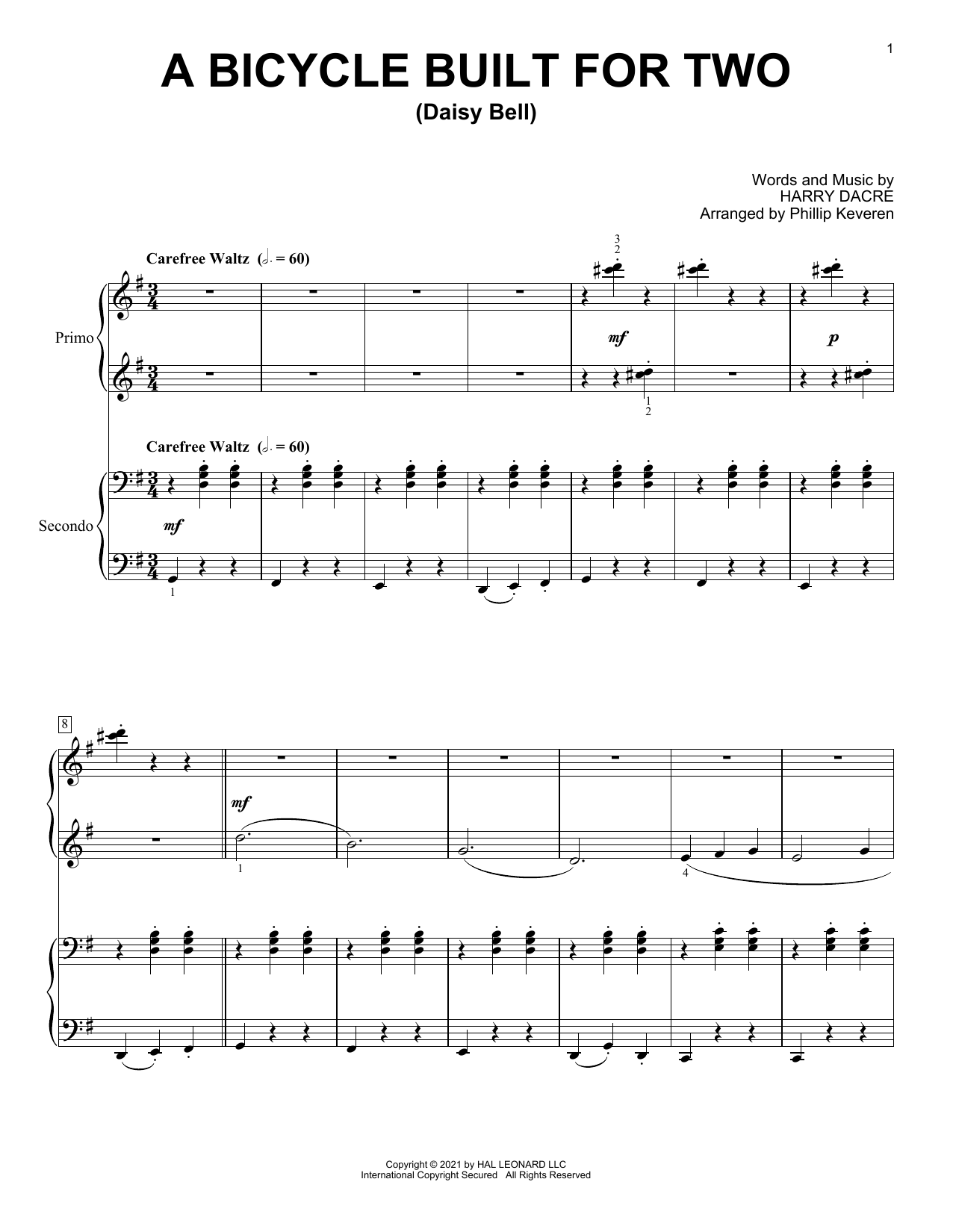 Harry Dacre A Bicycle Built For Two (Daisy Bell) (arr. Phillip Keveren) sheet music notes and chords arranged for Piano Duet