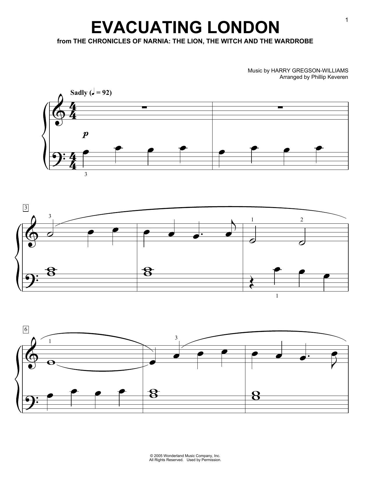 Harry Gregson-Williams Evacuating London (from The Chronicles Of Narnia) (arr. Phillip Keveren) sheet music notes and chords arranged for Big Note Piano