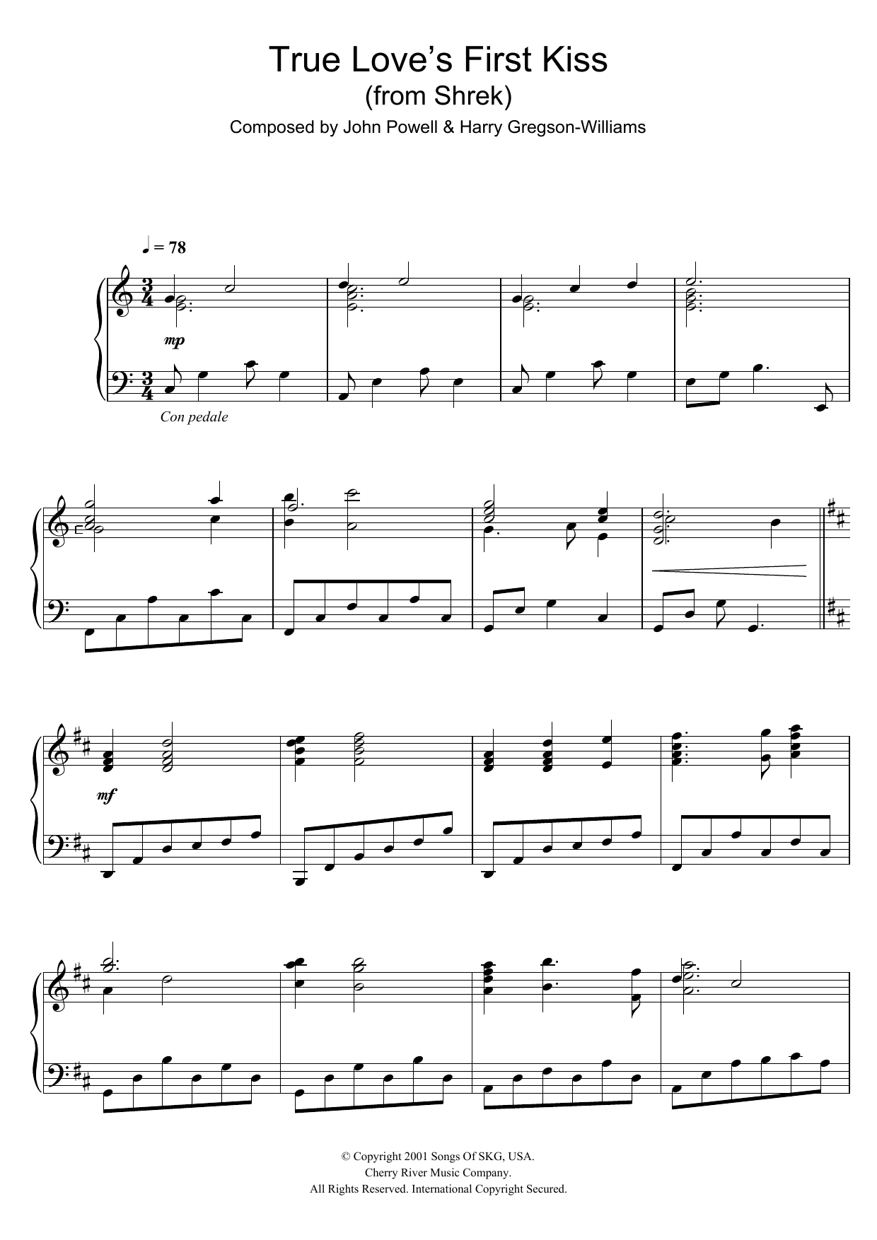 Harry Gregson-Williams, John Powell Shrek (True Love's First Kiss) sheet music notes and chords arranged for Piano Solo
