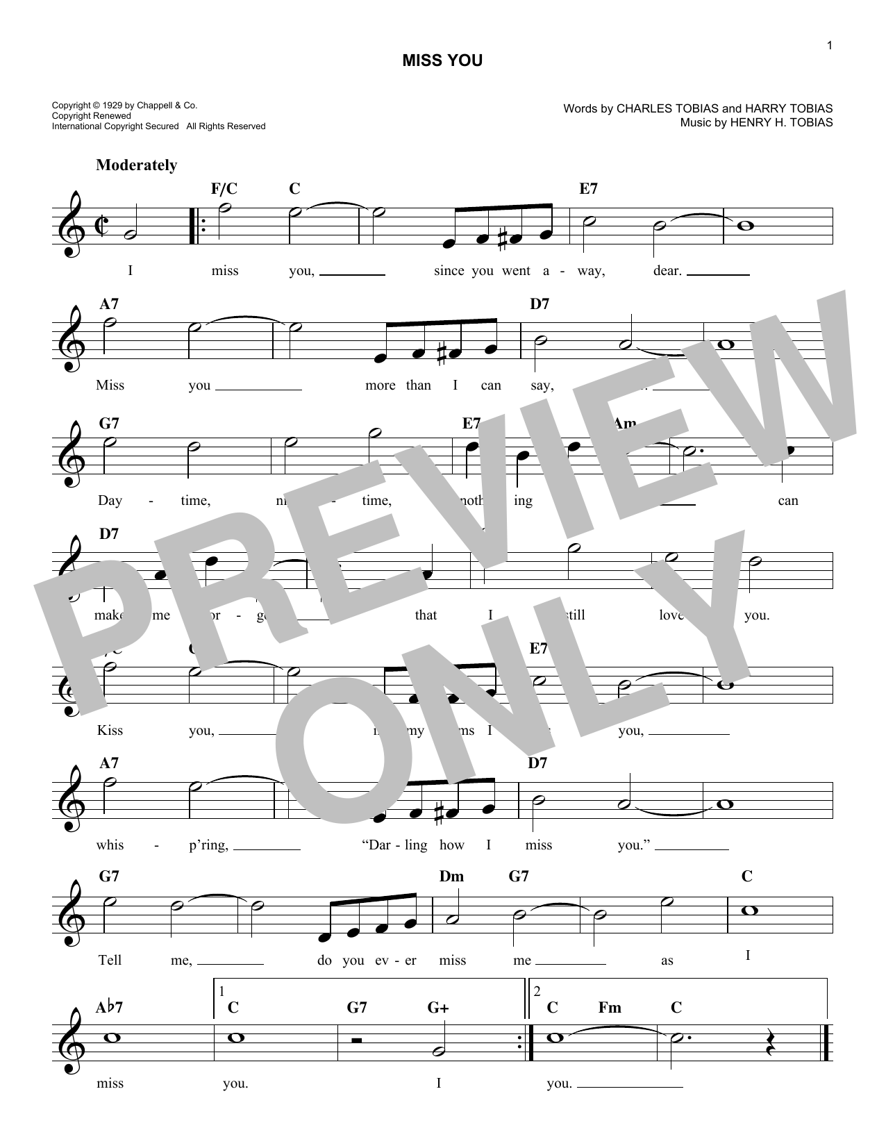 Harry Henry Miss You sheet music notes and chords arranged for Lead Sheet / Fake Book