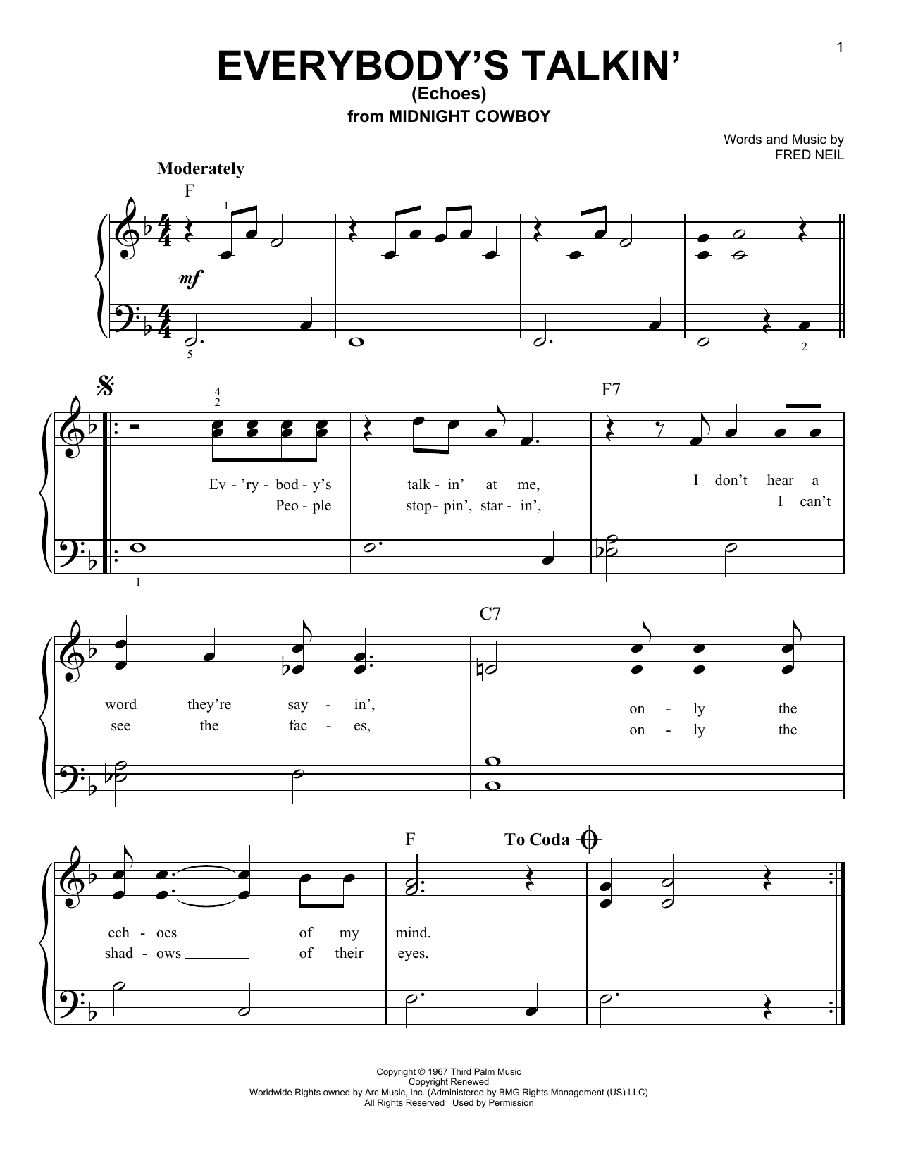 Harry Nilsson Everybody's Talkin' (Echoes) sheet music notes and chords arranged for Lead Sheet / Fake Book