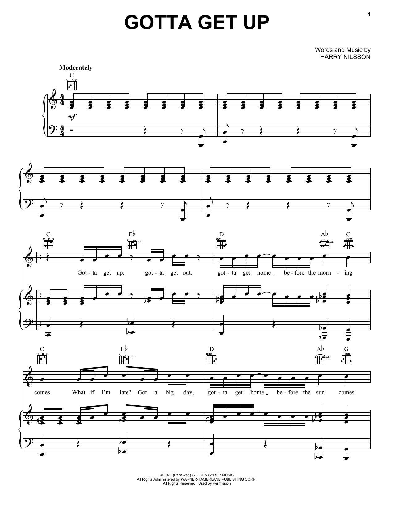 Harry Nilsson Gotta Get Up sheet music notes and chords arranged for Piano, Vocal & Guitar Chords (Right-Hand Melody)
