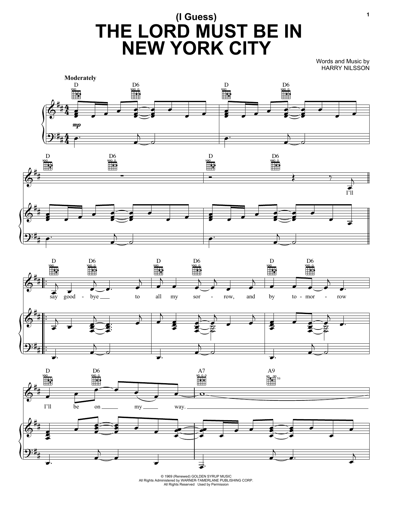 Harry Nilsson (I Guess) The Lord Must Be In New York City sheet music notes and chords arranged for Piano, Vocal & Guitar Chords (Right-Hand Melody)
