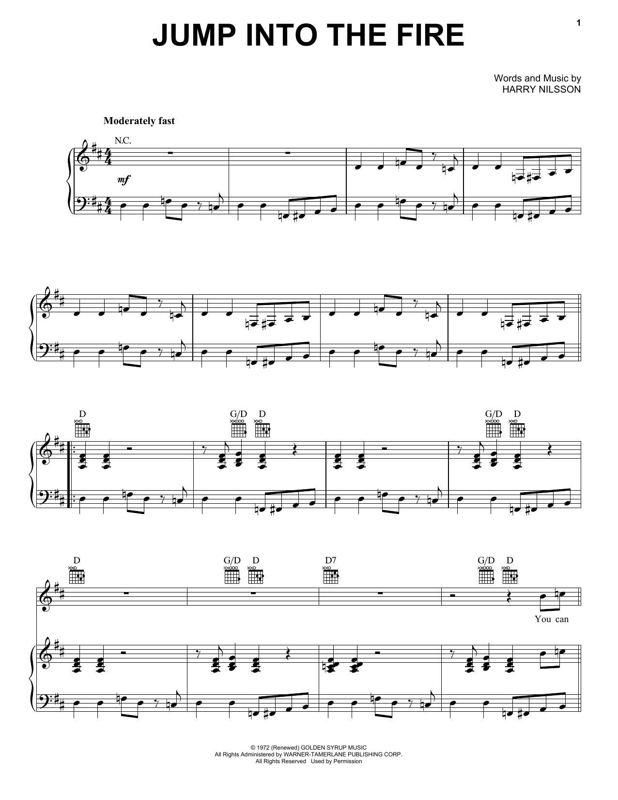 Harry Nilsson Jump Into The Fire sheet music notes and chords arranged for Piano, Vocal & Guitar Chords (Right-Hand Melody)
