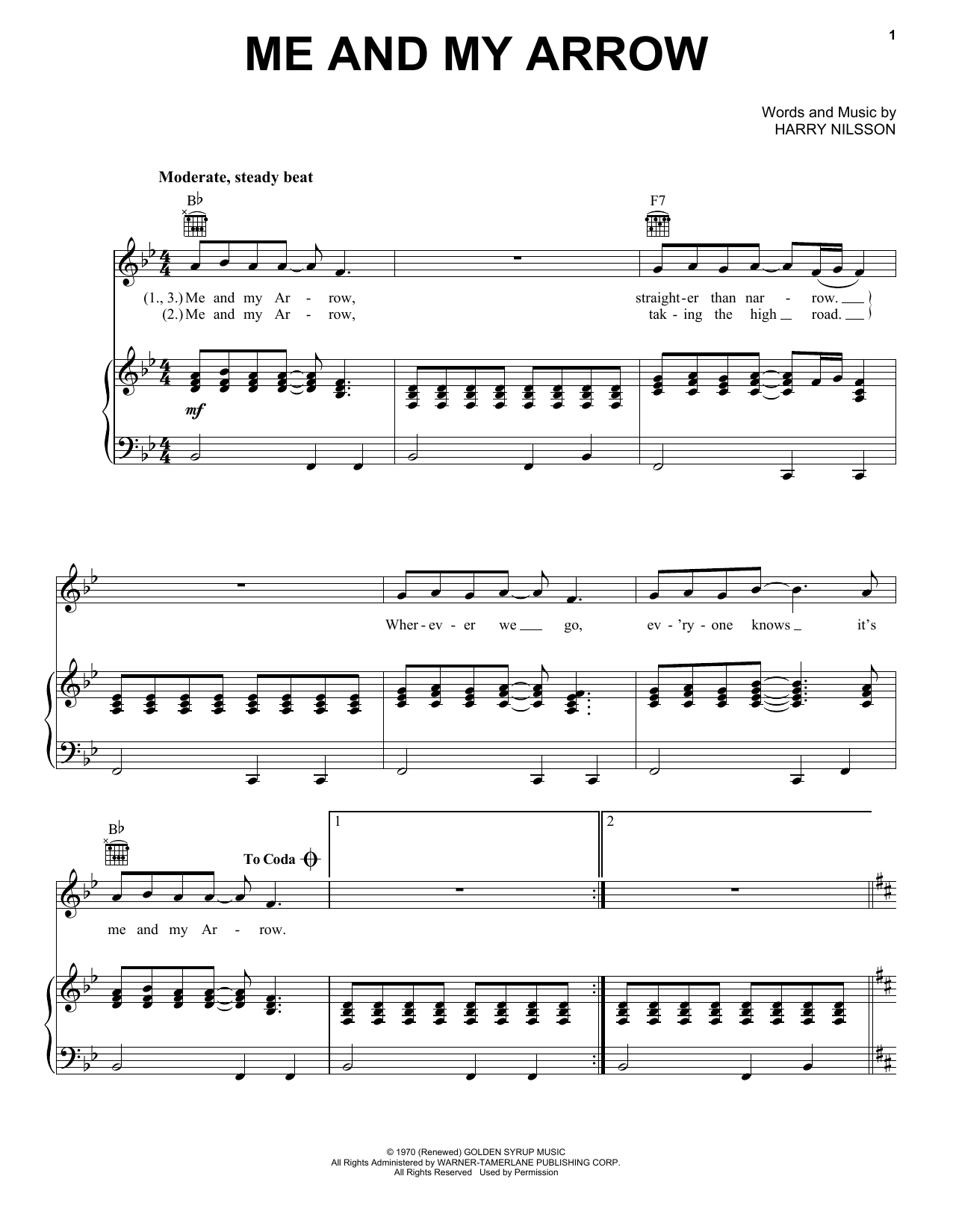 Harry Nilsson Me And My Arrow sheet music notes and chords arranged for Piano, Vocal & Guitar Chords (Right-Hand Melody)