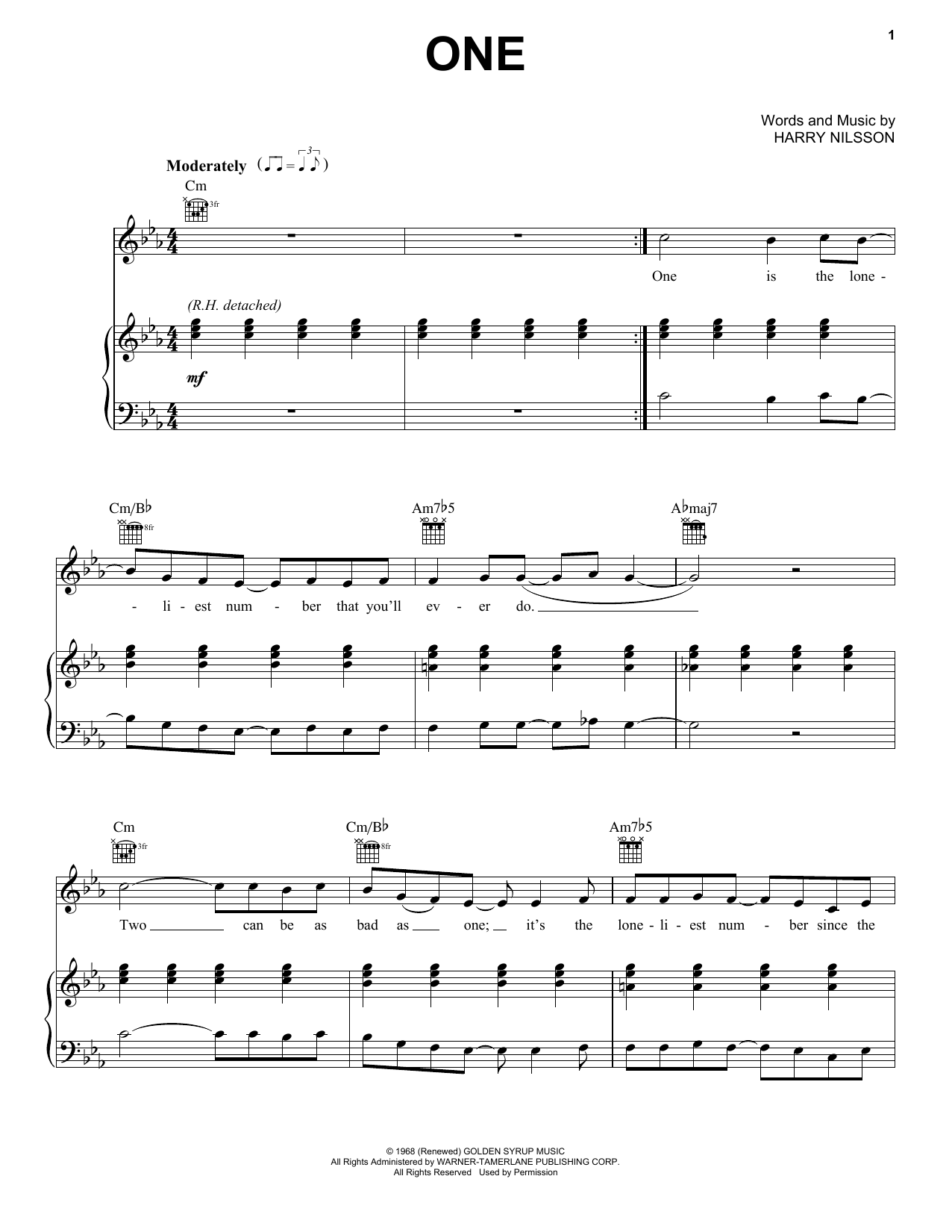 Harry Nilsson One sheet music notes and chords arranged for Piano, Vocal & Guitar Chords (Right-Hand Melody)
