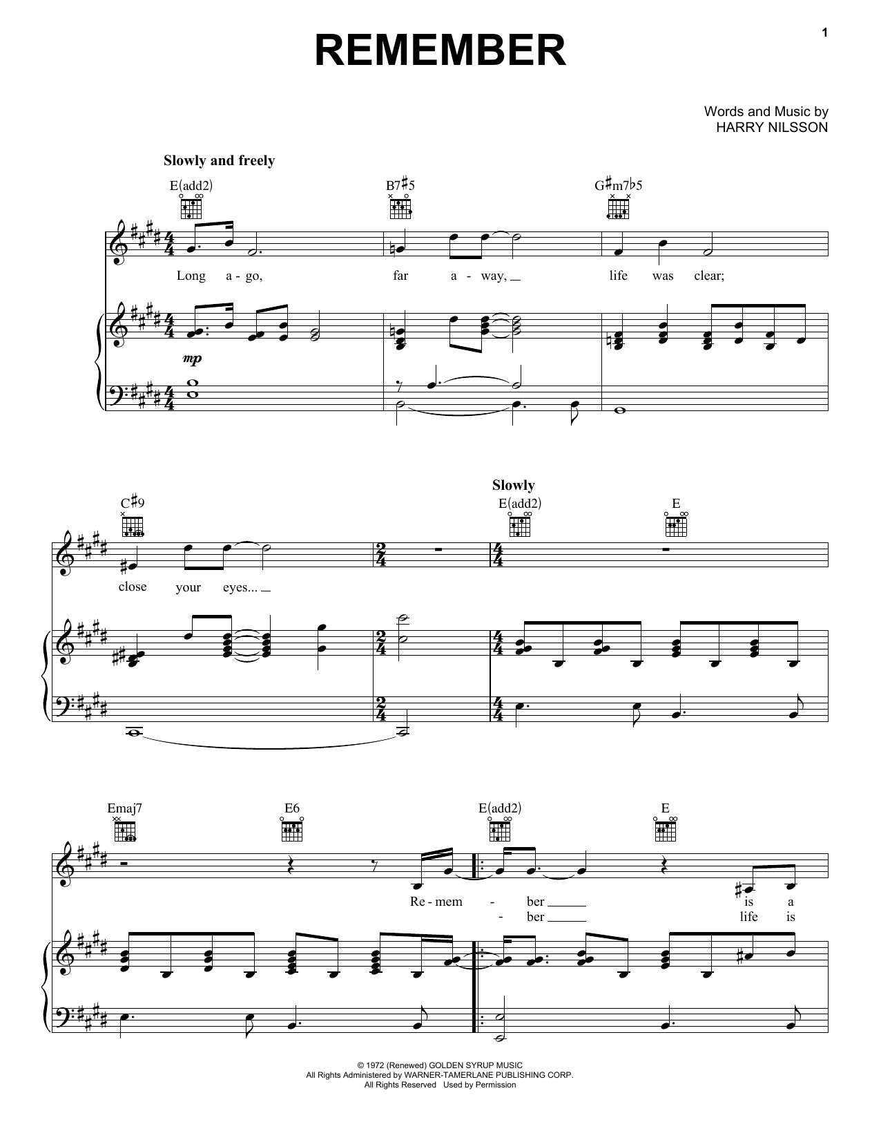 Harry Nilsson Remember sheet music notes and chords arranged for Piano, Vocal & Guitar Chords (Right-Hand Melody)
