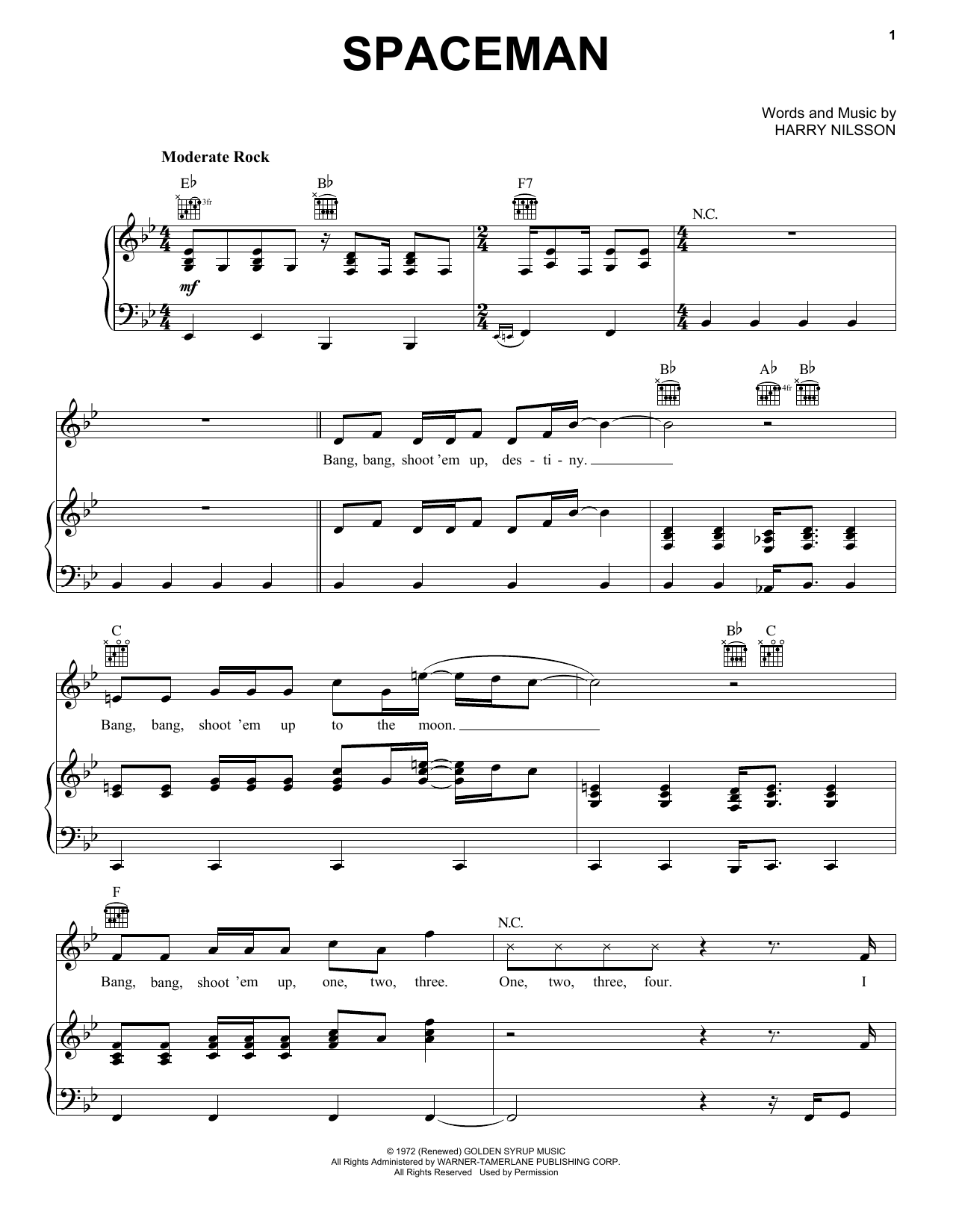 Harry Nilsson Spaceman sheet music notes and chords arranged for Piano, Vocal & Guitar Chords (Right-Hand Melody)