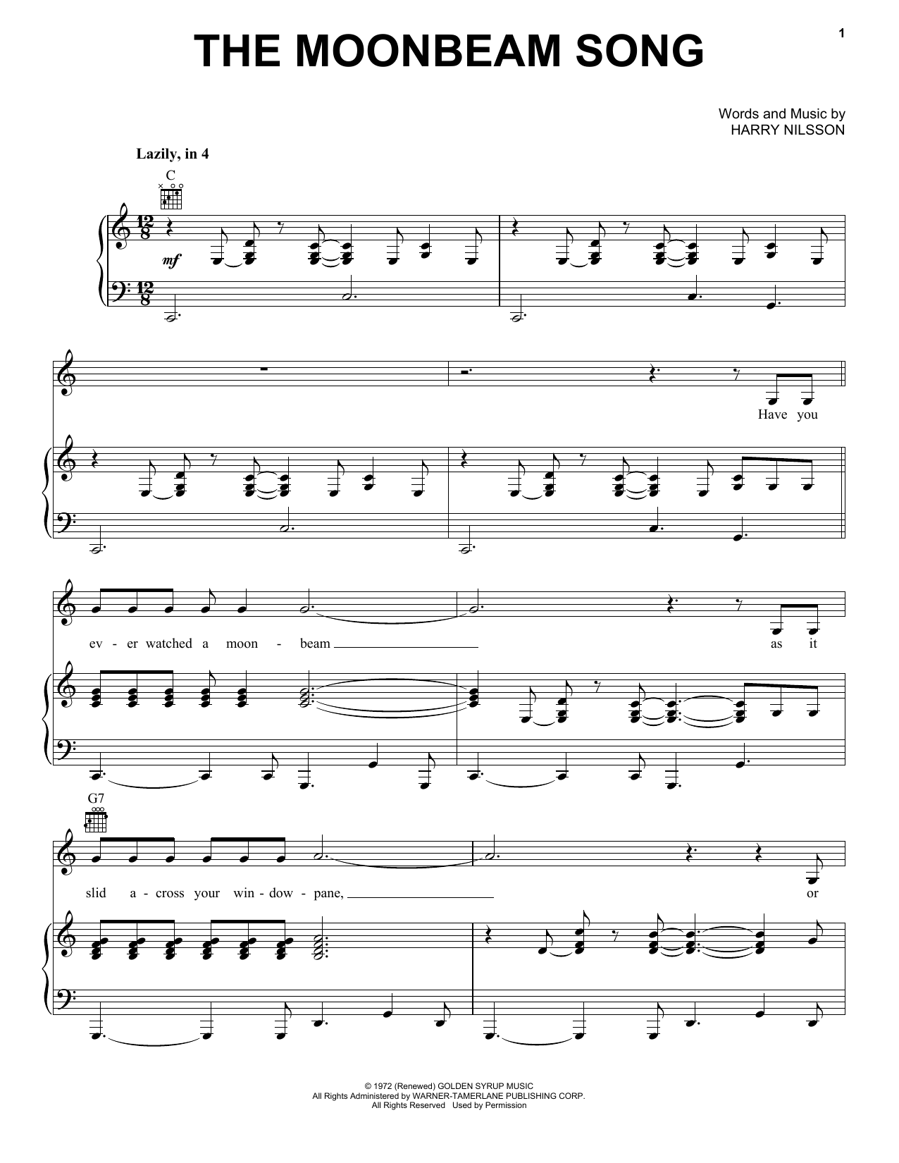 Harry Nilsson The Moonbeam Song sheet music notes and chords arranged for Piano, Vocal & Guitar Chords (Right-Hand Melody)