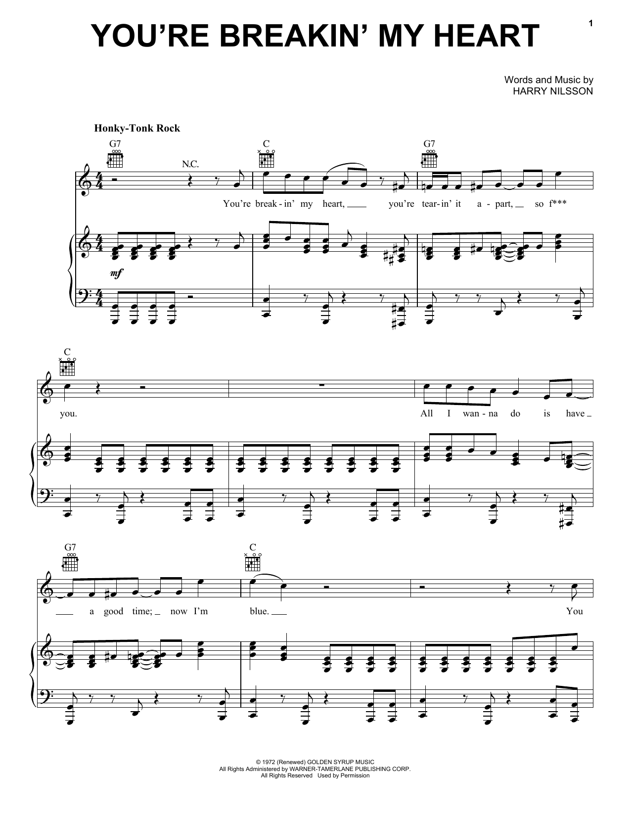 Harry Nilsson You're Breakin' My Heart sheet music notes and chords arranged for Piano, Vocal & Guitar Chords (Right-Hand Melody)