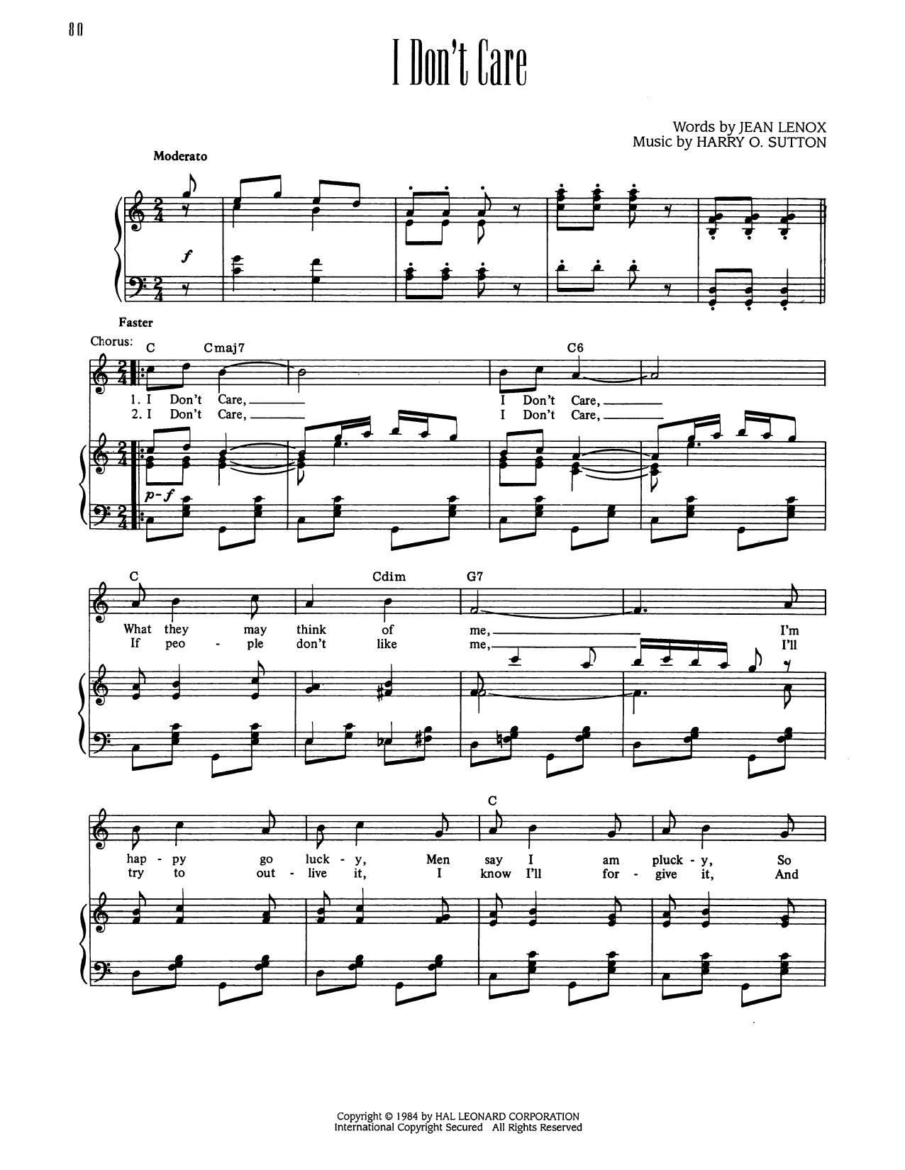 Harry O. Sutton I Don't Care sheet music notes and chords arranged for Piano, Vocal & Guitar Chords (Right-Hand Melody)