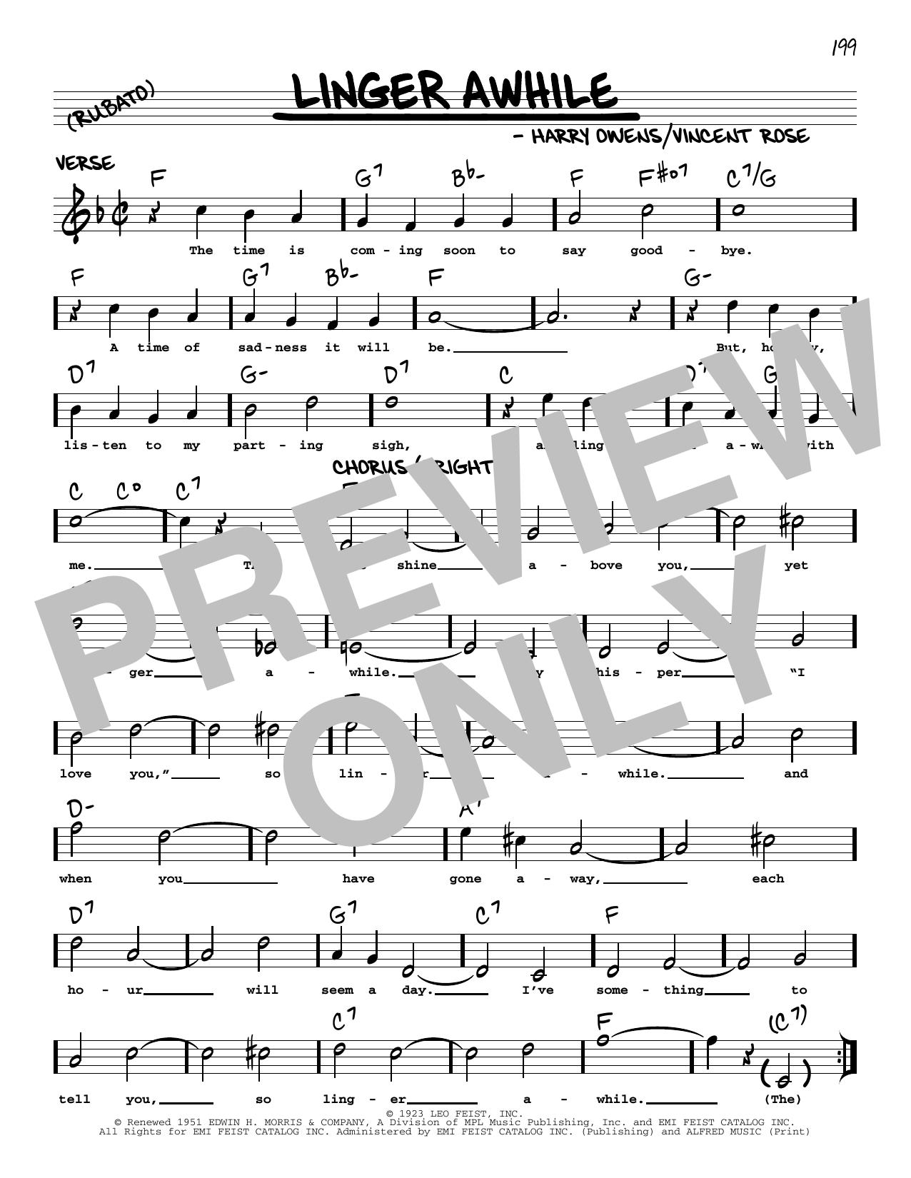 Harry Owens Linger Awhile (arr. Robert Rawlins) sheet music notes and chords arranged for Real Book – Melody, Lyrics & Chords