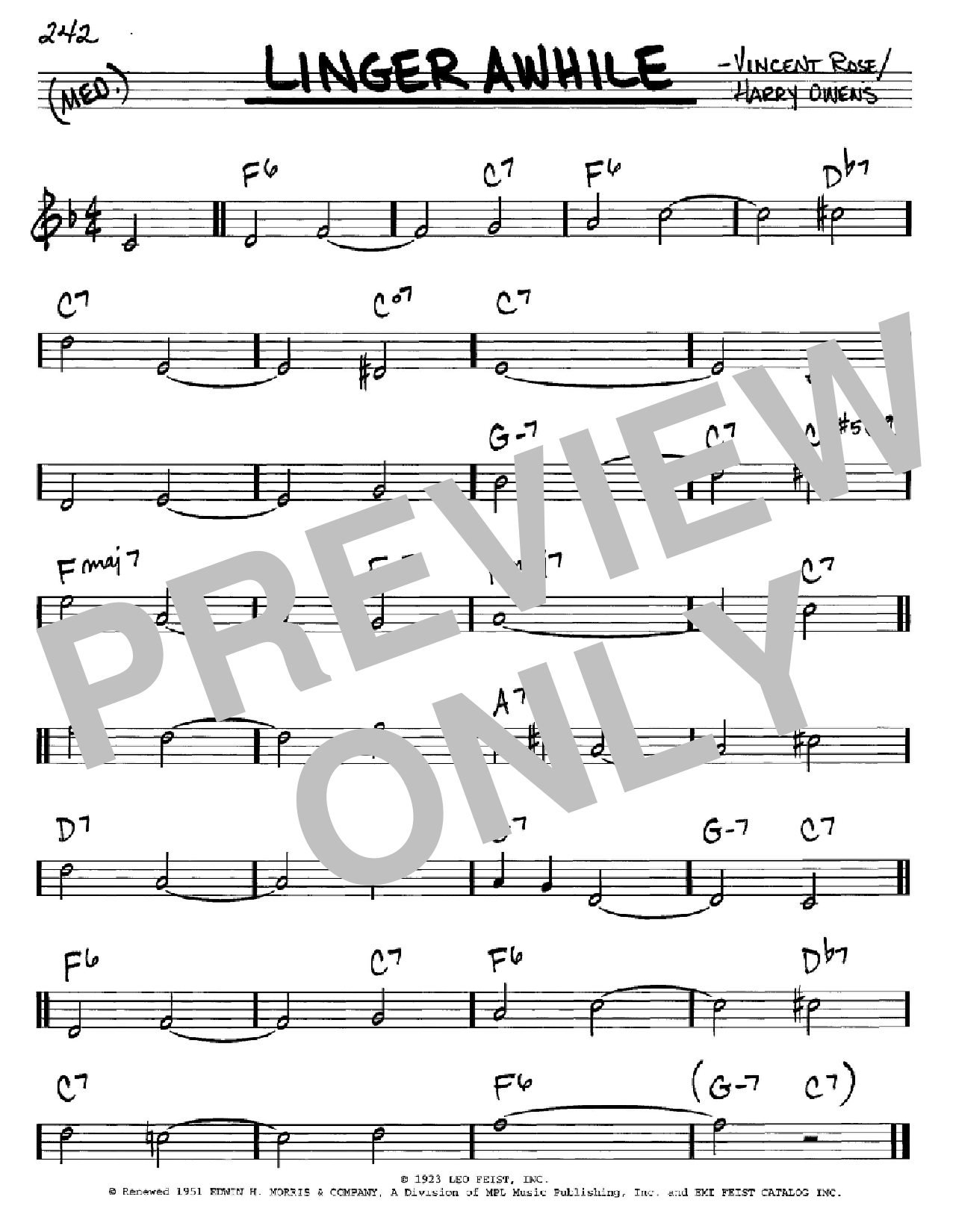Harry Owens Linger Awhile sheet music notes and chords arranged for Real Book – Melody & Chords – C Instruments