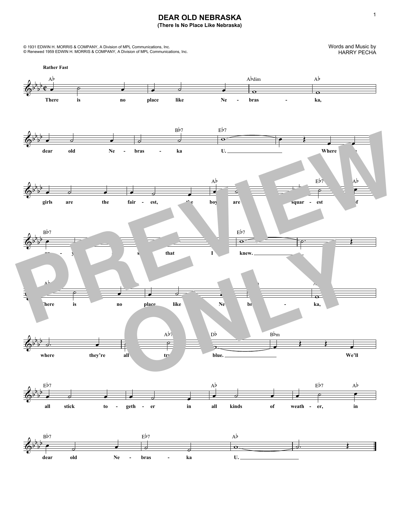 Harry Pecha Dear Old Nebraska U. (There Is No Place Like Nebraska) sheet music notes and chords arranged for Lead Sheet / Fake Book
