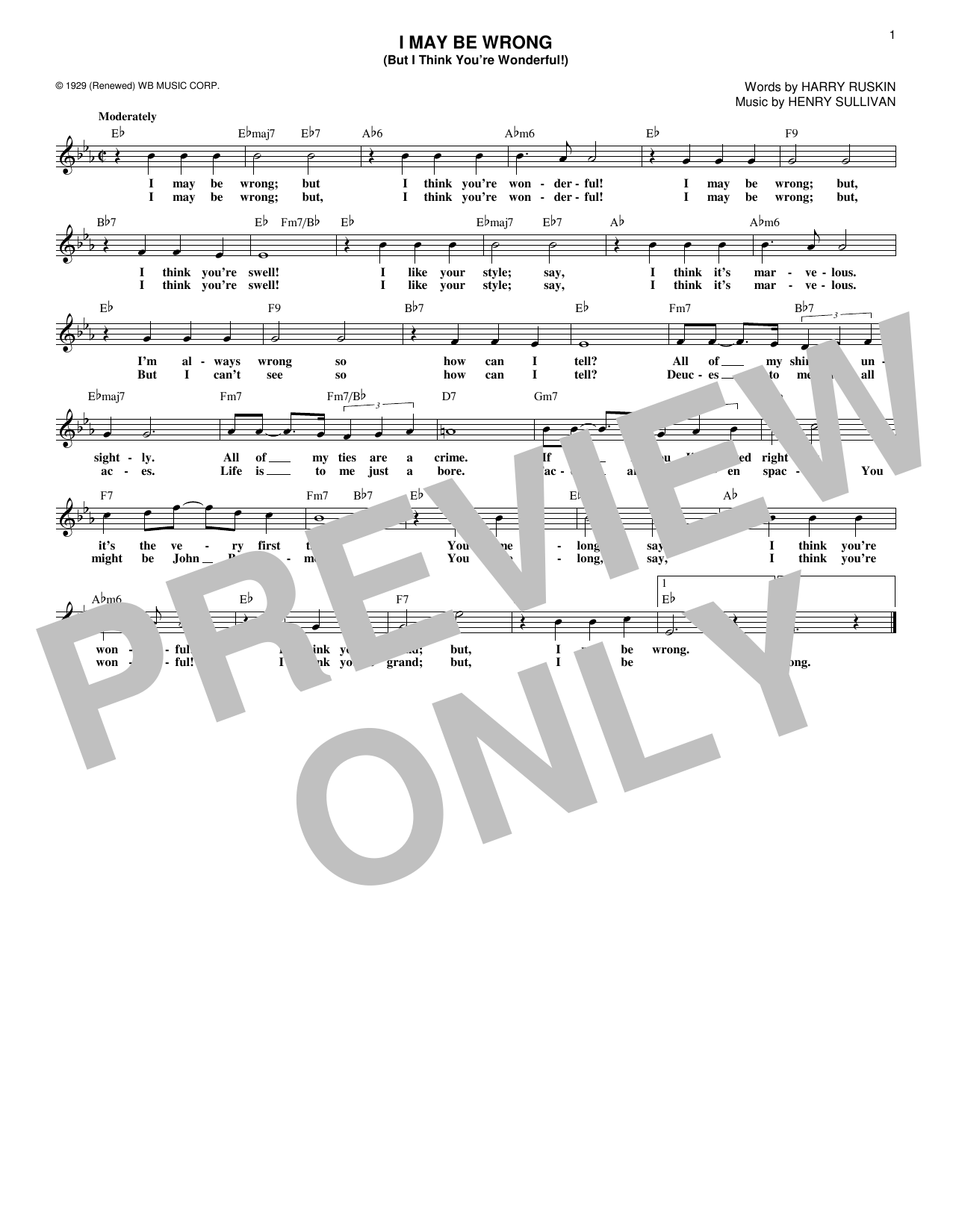 Harry Ruskin I May Be Wrong (But I Think You're Wonderful!) sheet music notes and chords arranged for Real Book – Melody & Chords