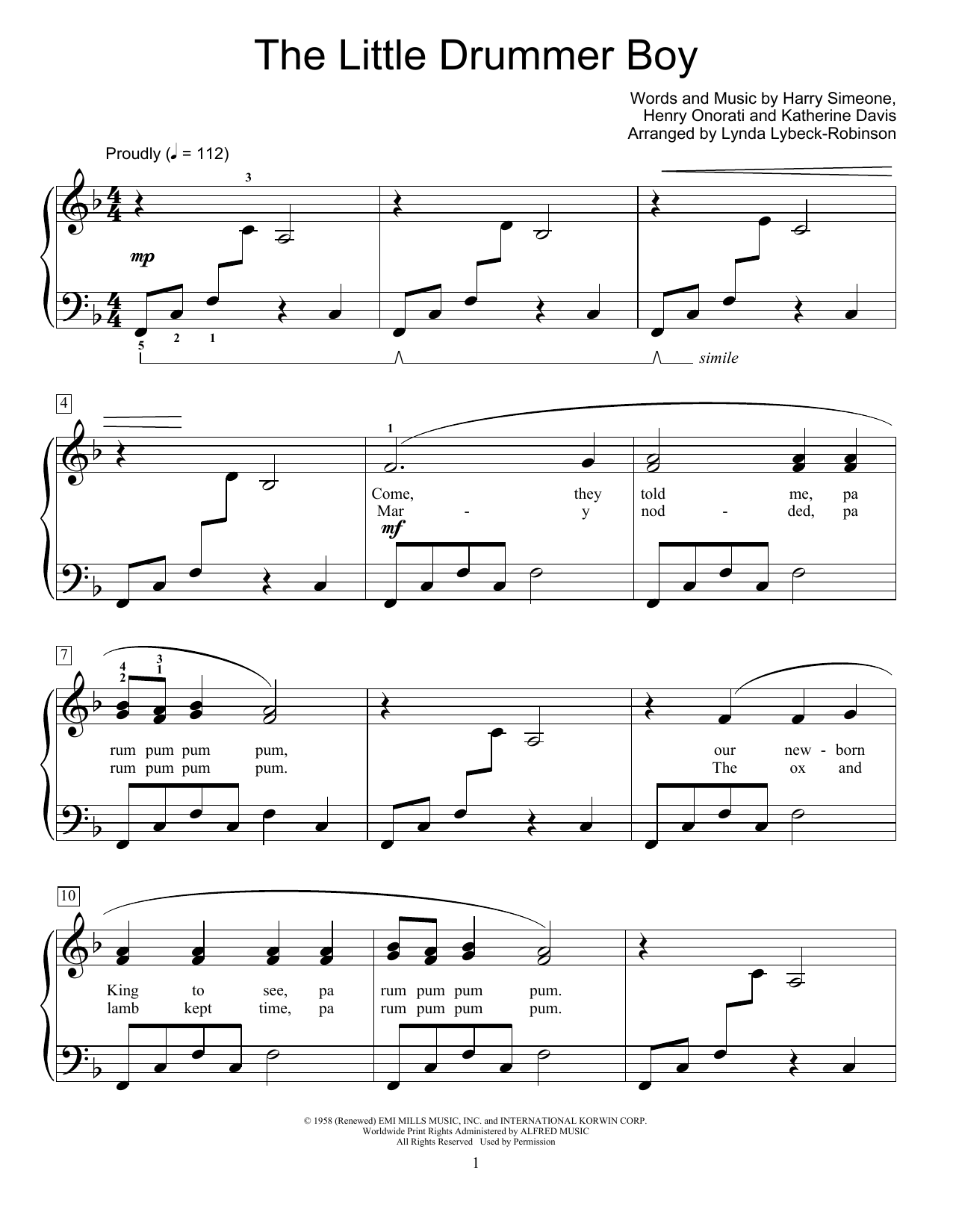 Harry Simeone The Little Drummer Boy (arr. Lynda Lybeck-Robinson) sheet music notes and chords arranged for Educational Piano